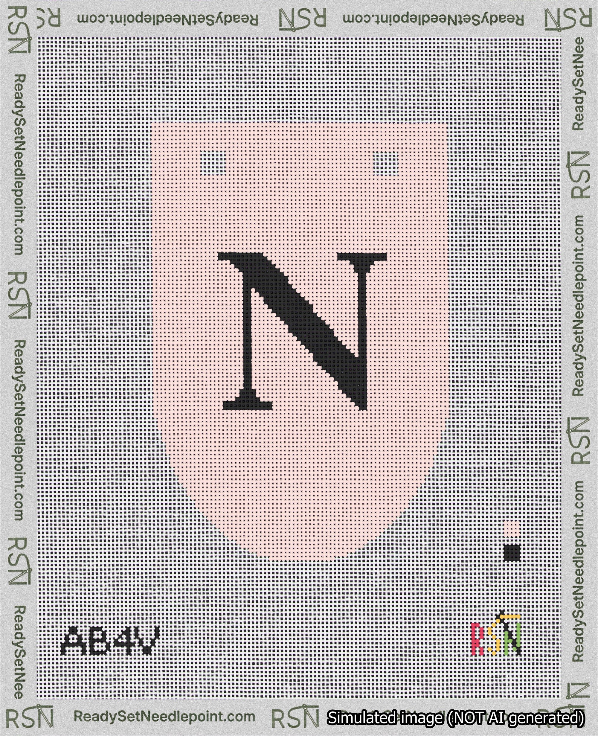 A taped needlepoint canvas with the design: Banner 18 mesh count Rounded N Black on Pink.