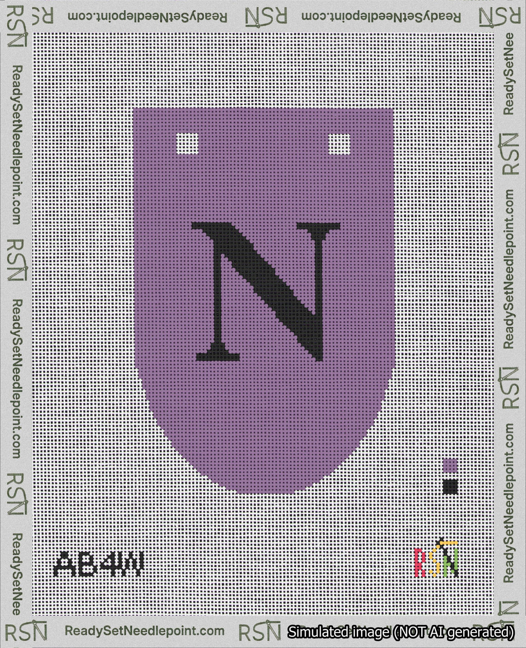 A taped needlepoint canvas with the design: Banner 18 mesh count Rounded N Black on Purple.