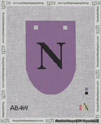 A taped needlepoint canvas with the design: Banner 18 mesh count Rounded N Black on Purple.