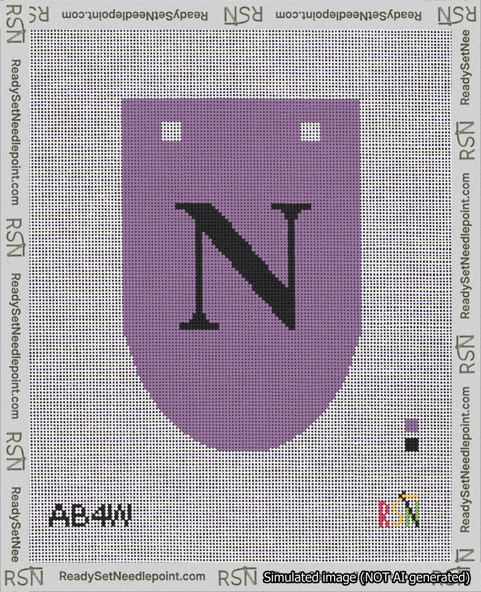 A taped needlepoint canvas with the design: Banner 18 mesh count Rounded N Black on Purple.