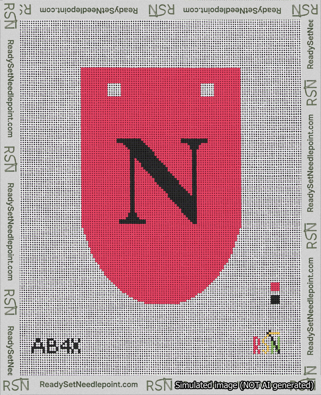 A taped needlepoint canvas with the design: Banner 18 mesh count Rounded N Black on Red.