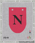 A taped needlepoint canvas with the design: Banner 18 mesh count Rounded N Black on Red.