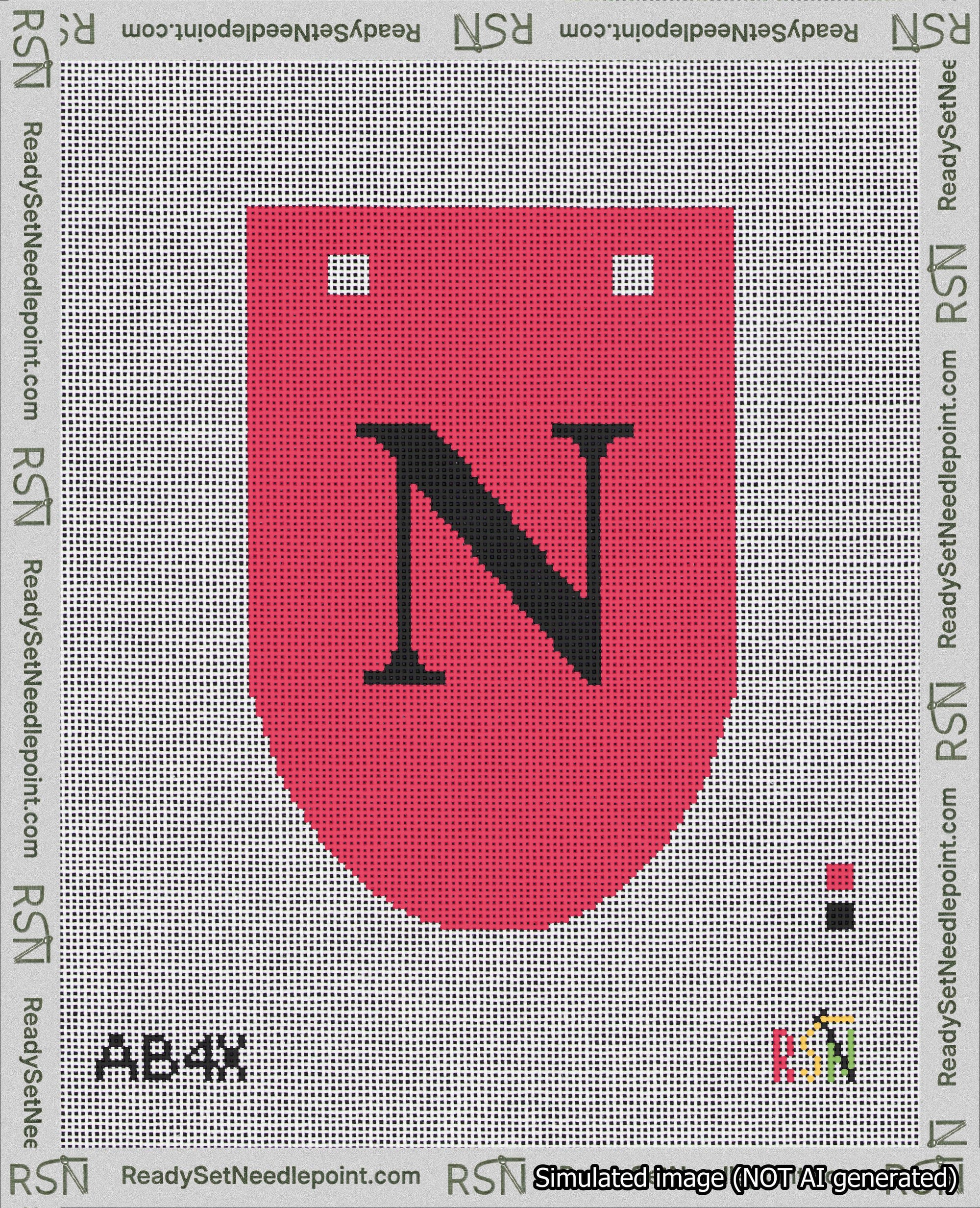 A taped needlepoint canvas with the design: Banner 18 mesh count Rounded N Black on Red.