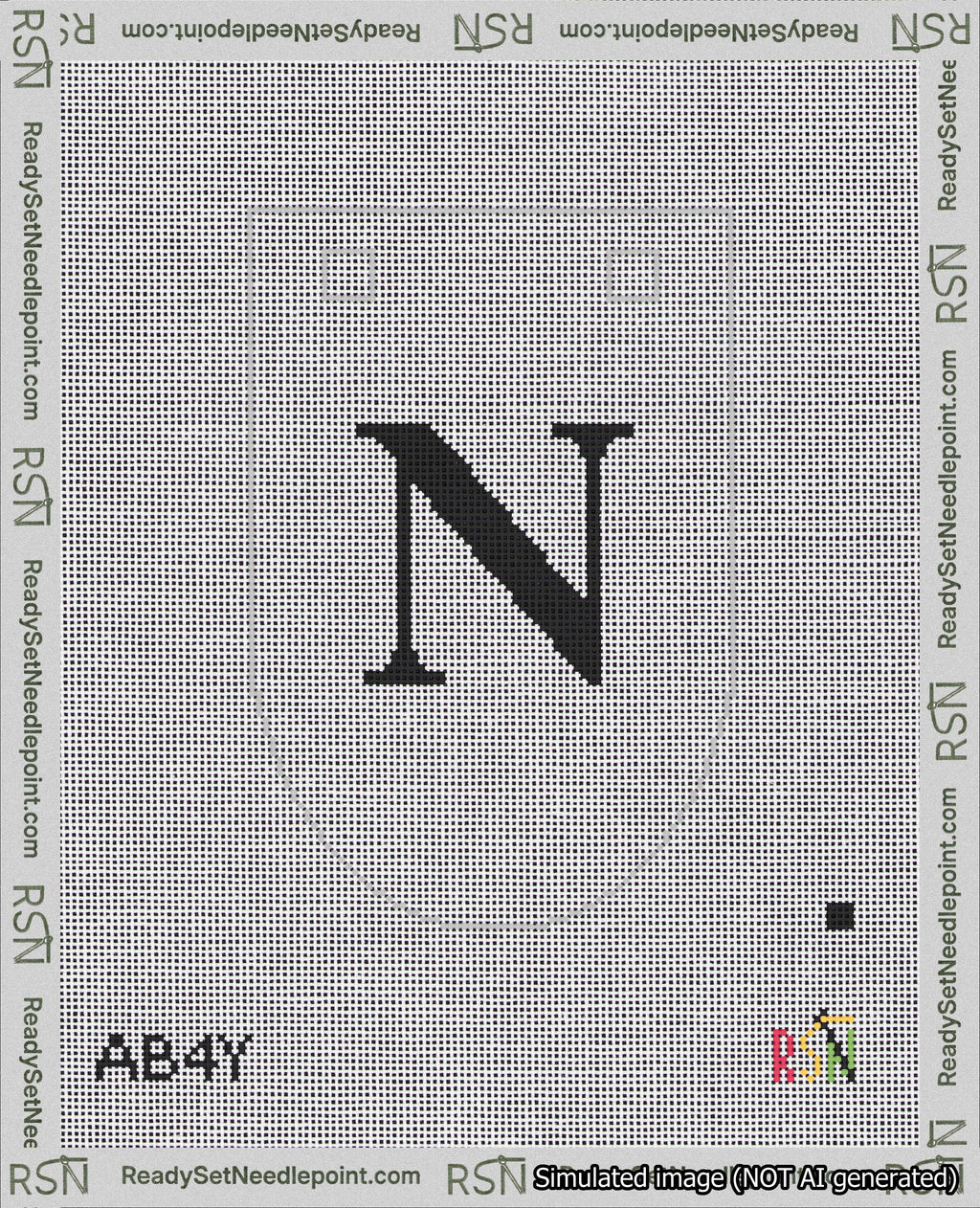 A taped needlepoint canvas with the design: Banner 18 mesh count Rounded N Black on White.