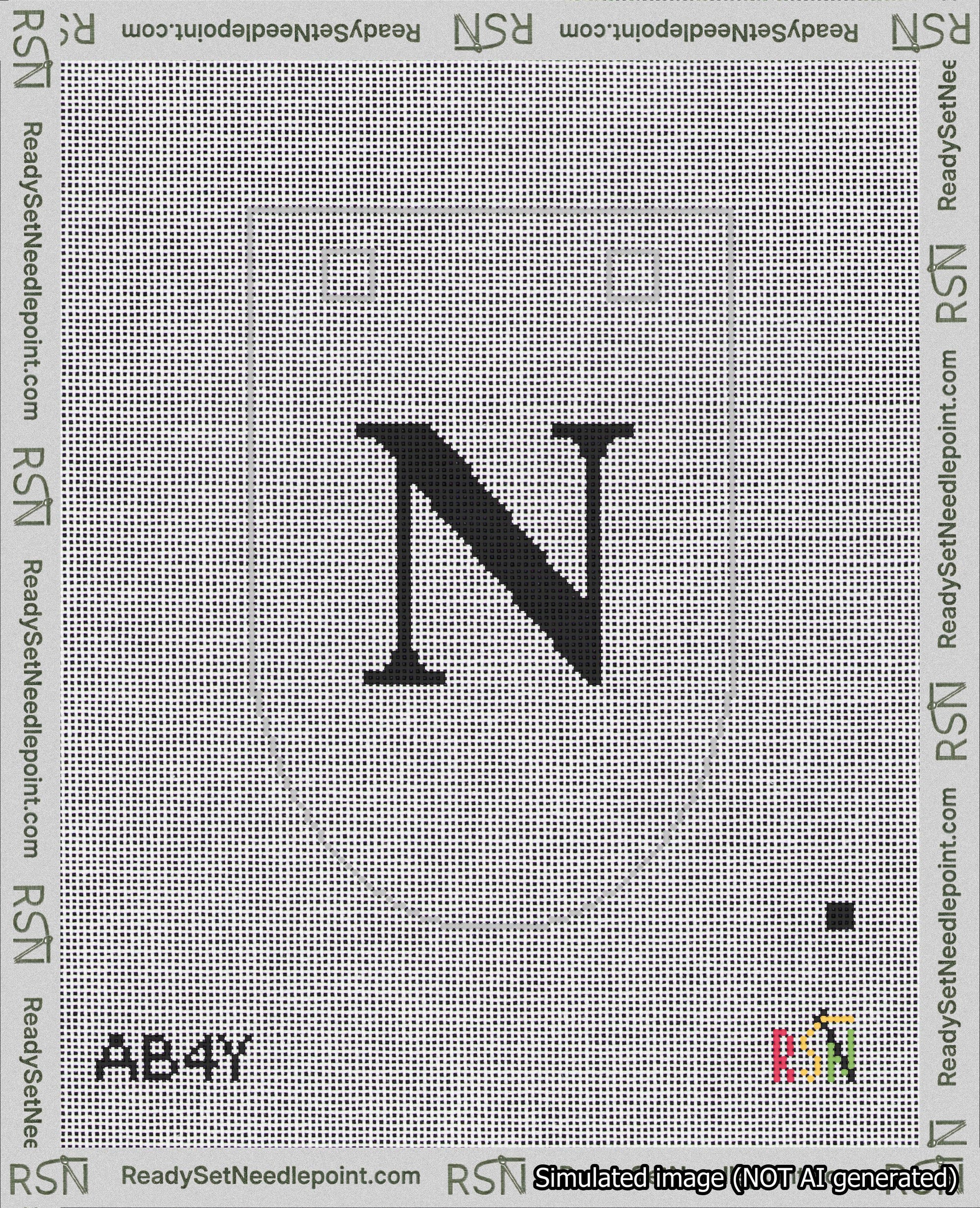 A taped needlepoint canvas with the design: Banner 18 mesh count Rounded N Black on White.