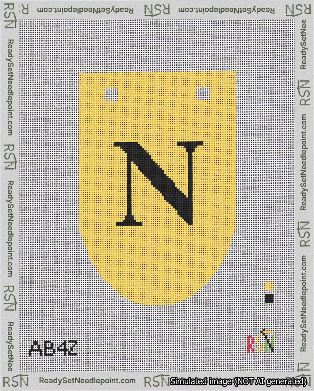 A taped needlepoint canvas with the design: Banner 18 mesh count Rounded N Black on Yellow.