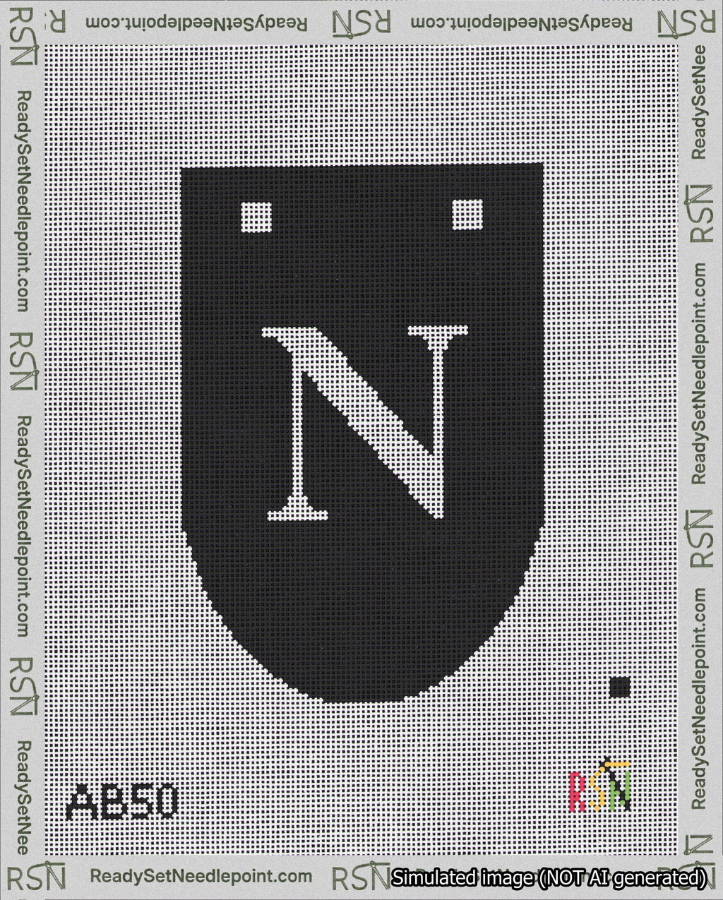 A taped needlepoint canvas with the design: Banner 18 mesh count Rounded N White on Black.