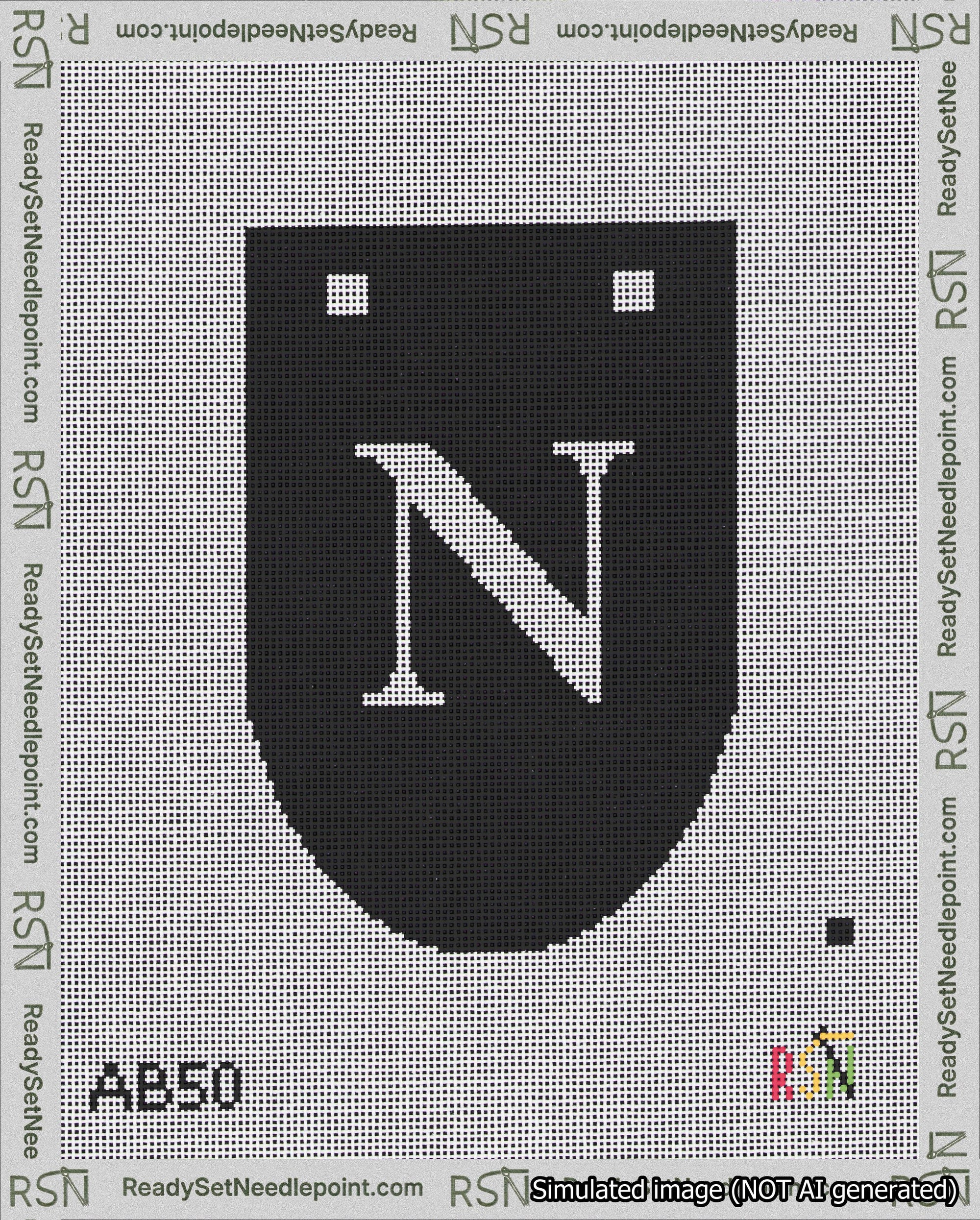 A taped needlepoint canvas with the design: Banner 18 mesh count Rounded N White on Black.