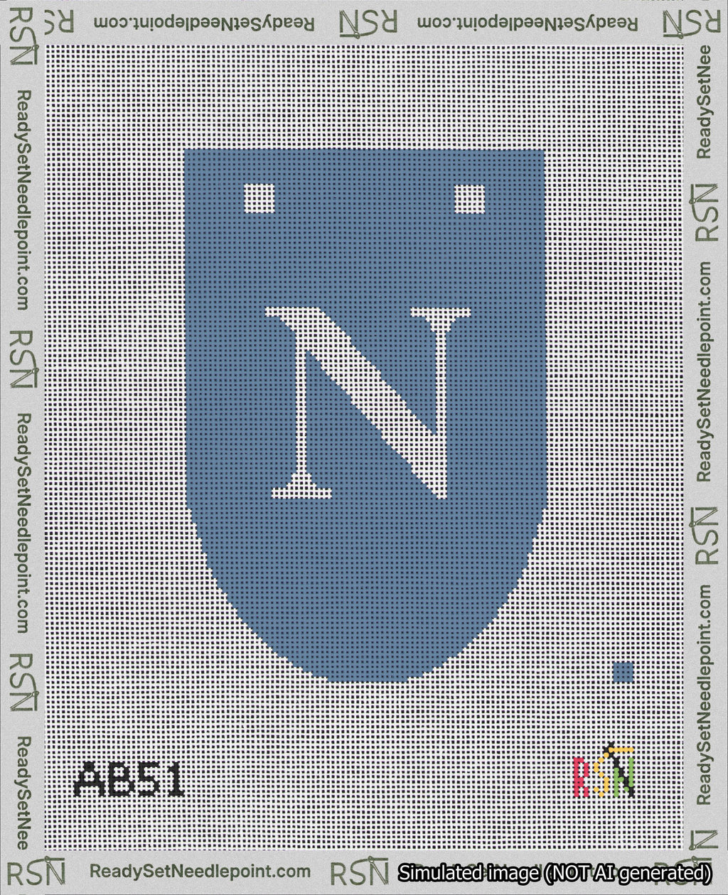 A taped needlepoint canvas with the design: Banner 18 mesh count Rounded N White on Blue.