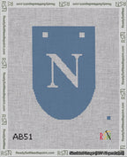 A taped needlepoint canvas with the design: Banner 18 mesh count Rounded N White on Blue.