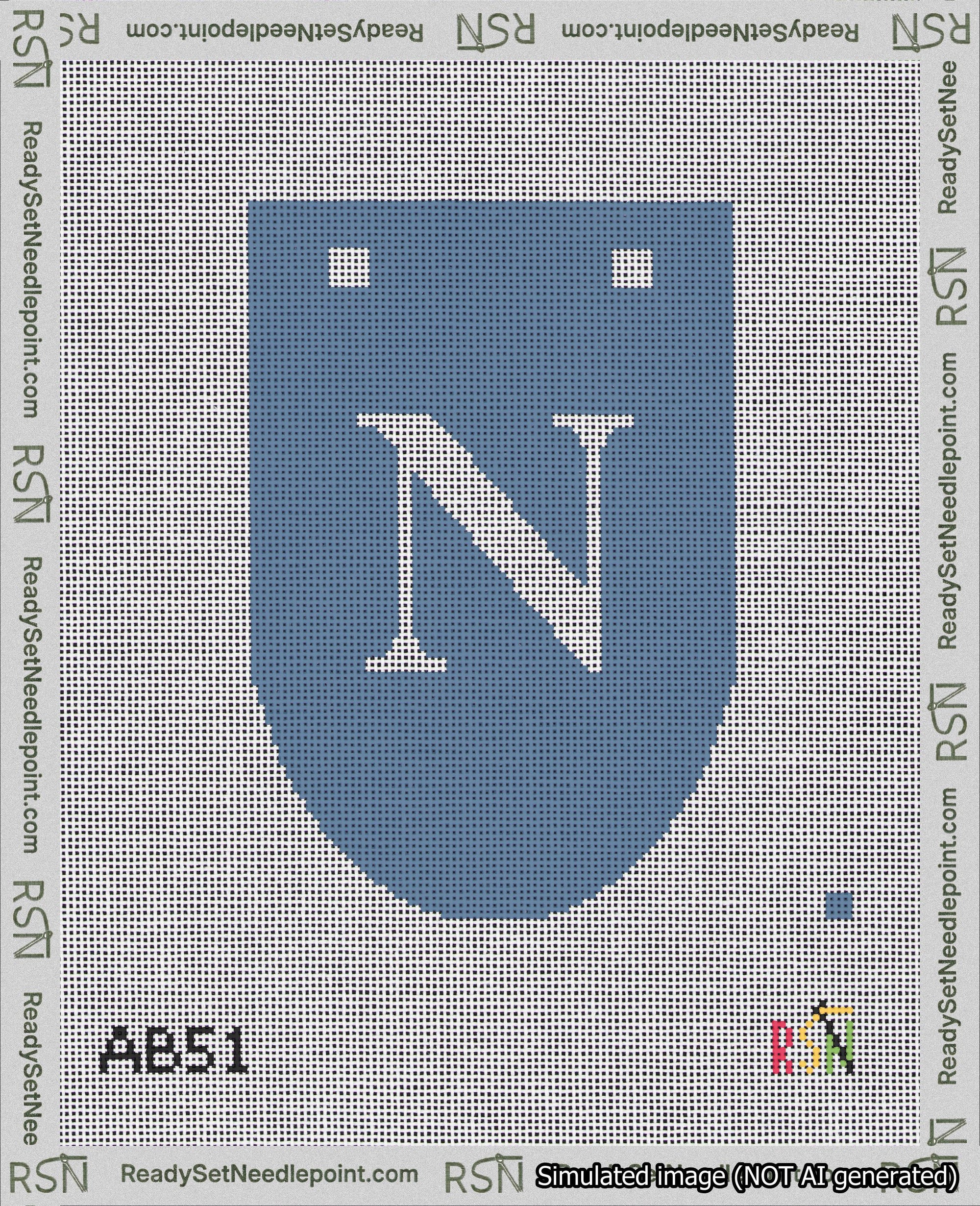 A taped needlepoint canvas with the design: Banner 18 mesh count Rounded N White on Blue.