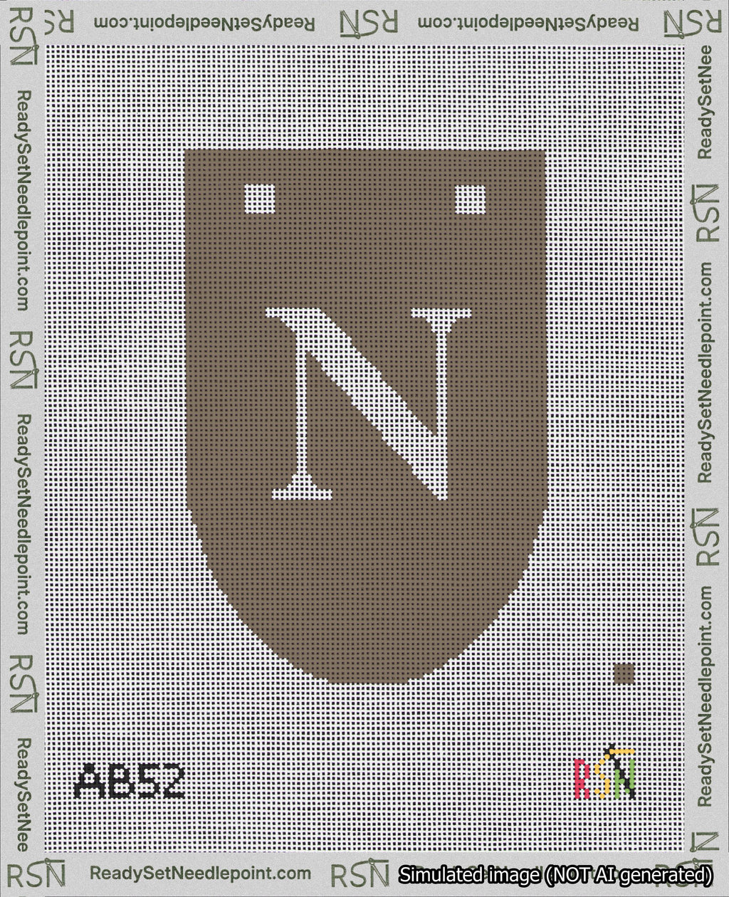 A taped needlepoint canvas with the design: Banner 18 mesh count Rounded N White on Brown.