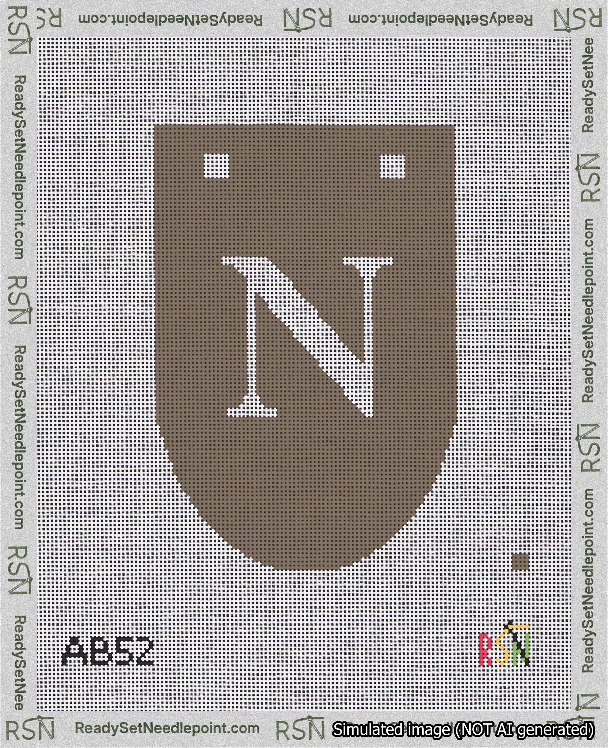 A taped needlepoint canvas with the design: Banner 18 mesh count Rounded N White on Brown.