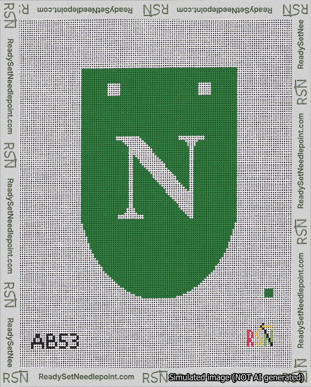 A taped needlepoint canvas with the design: Banner 18 mesh count Rounded N White on Green.