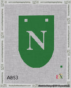 A taped needlepoint canvas with the design: Banner 18 mesh count Rounded N White on Green.