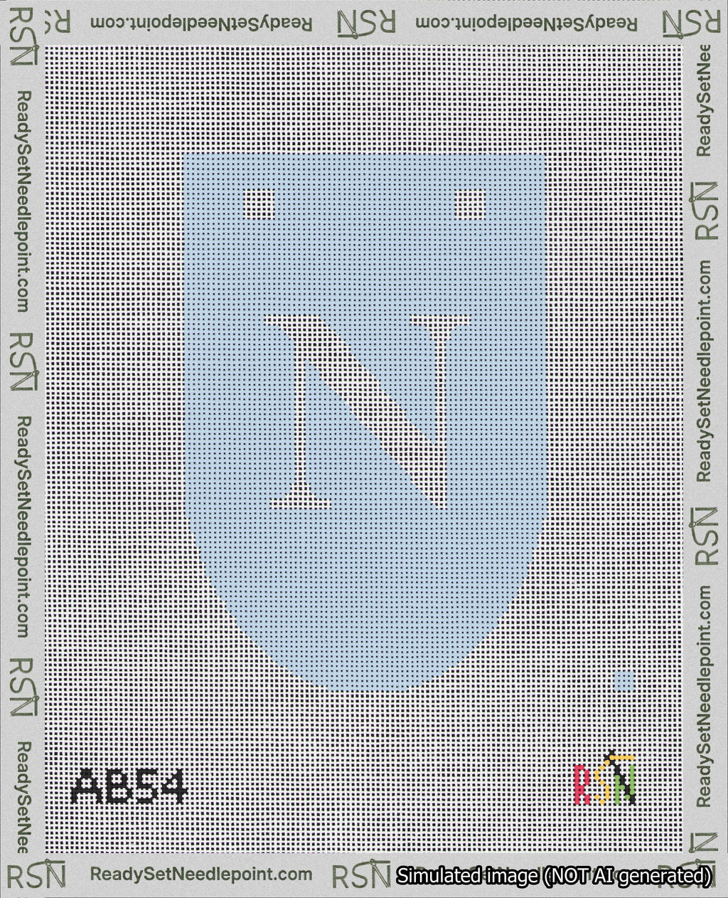 A taped needlepoint canvas with the design: Banner 18 mesh count Rounded N White on Light Blue.