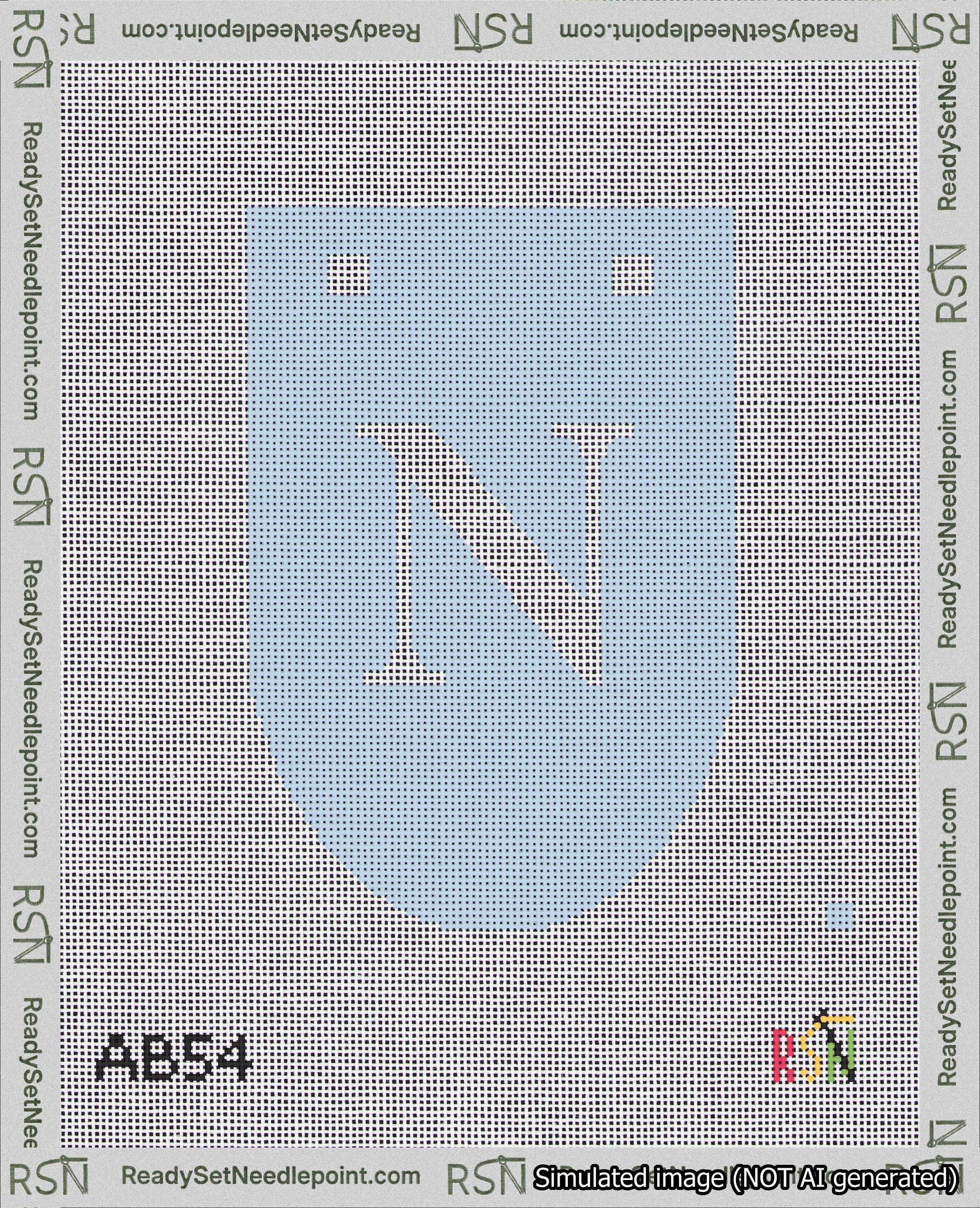 A taped needlepoint canvas with the design: Banner 18 mesh count Rounded N White on Light Blue.