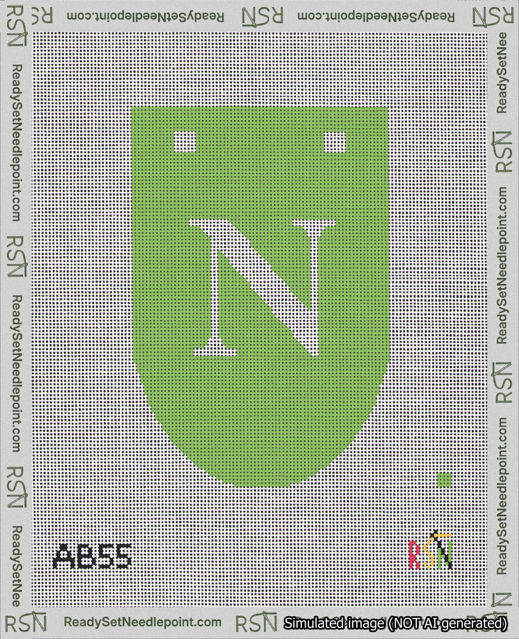 A taped needlepoint canvas with the design: Banner 18 mesh count Rounded N White on Light Green.