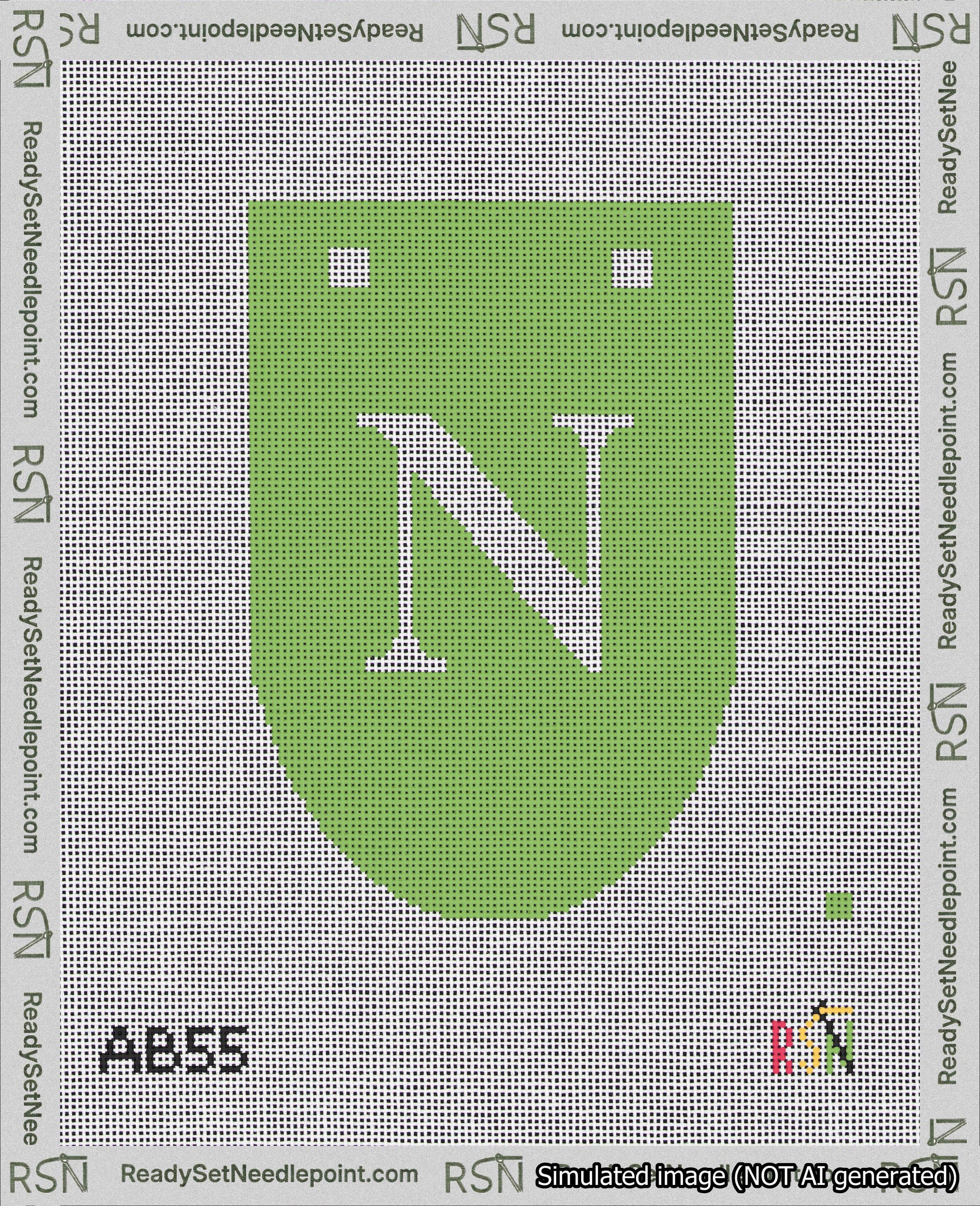 A taped needlepoint canvas with the design: Banner 18 mesh count Rounded N White on Light Green.