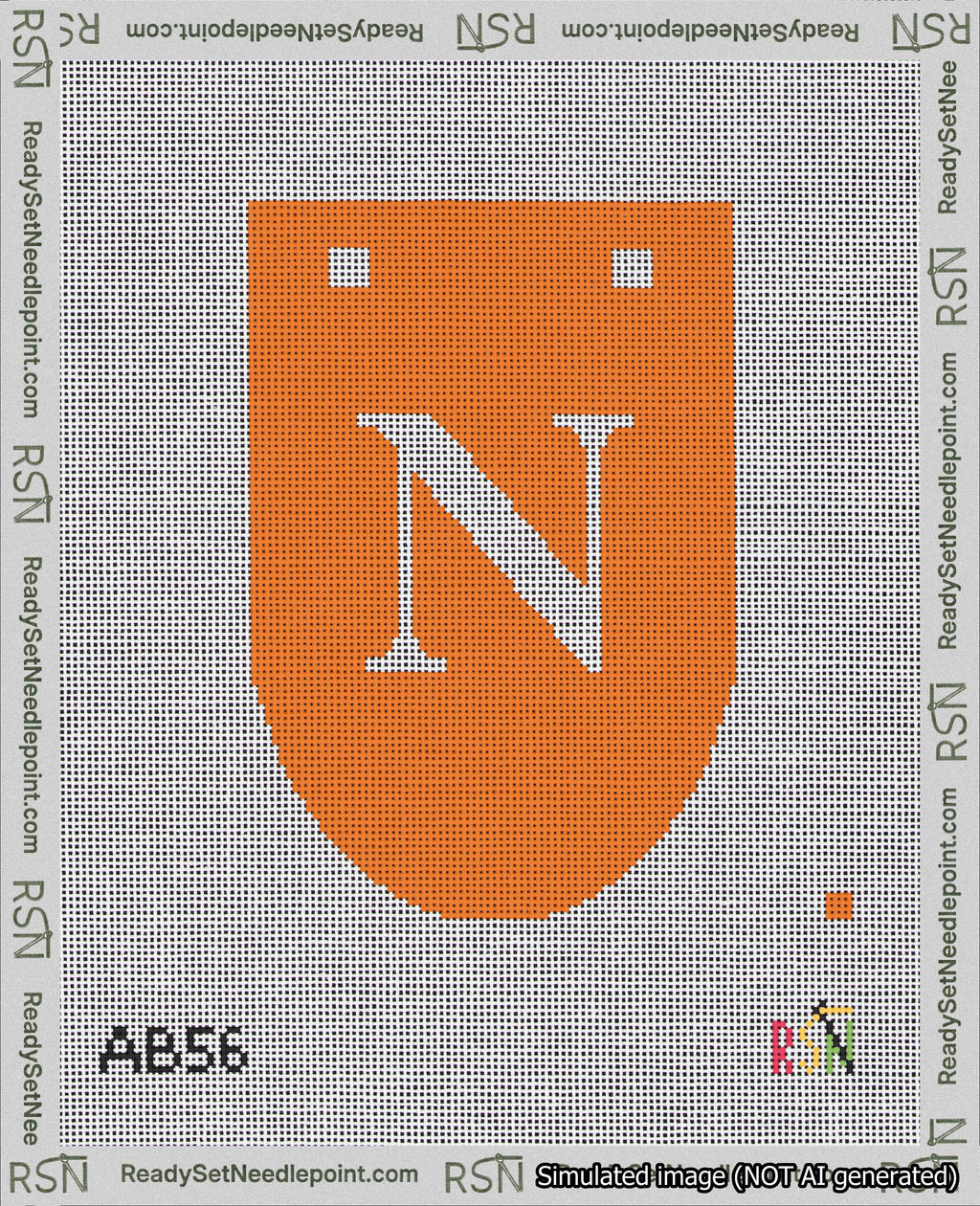 A taped needlepoint canvas with the design: Banner 18 mesh count Rounded N White on Orange.