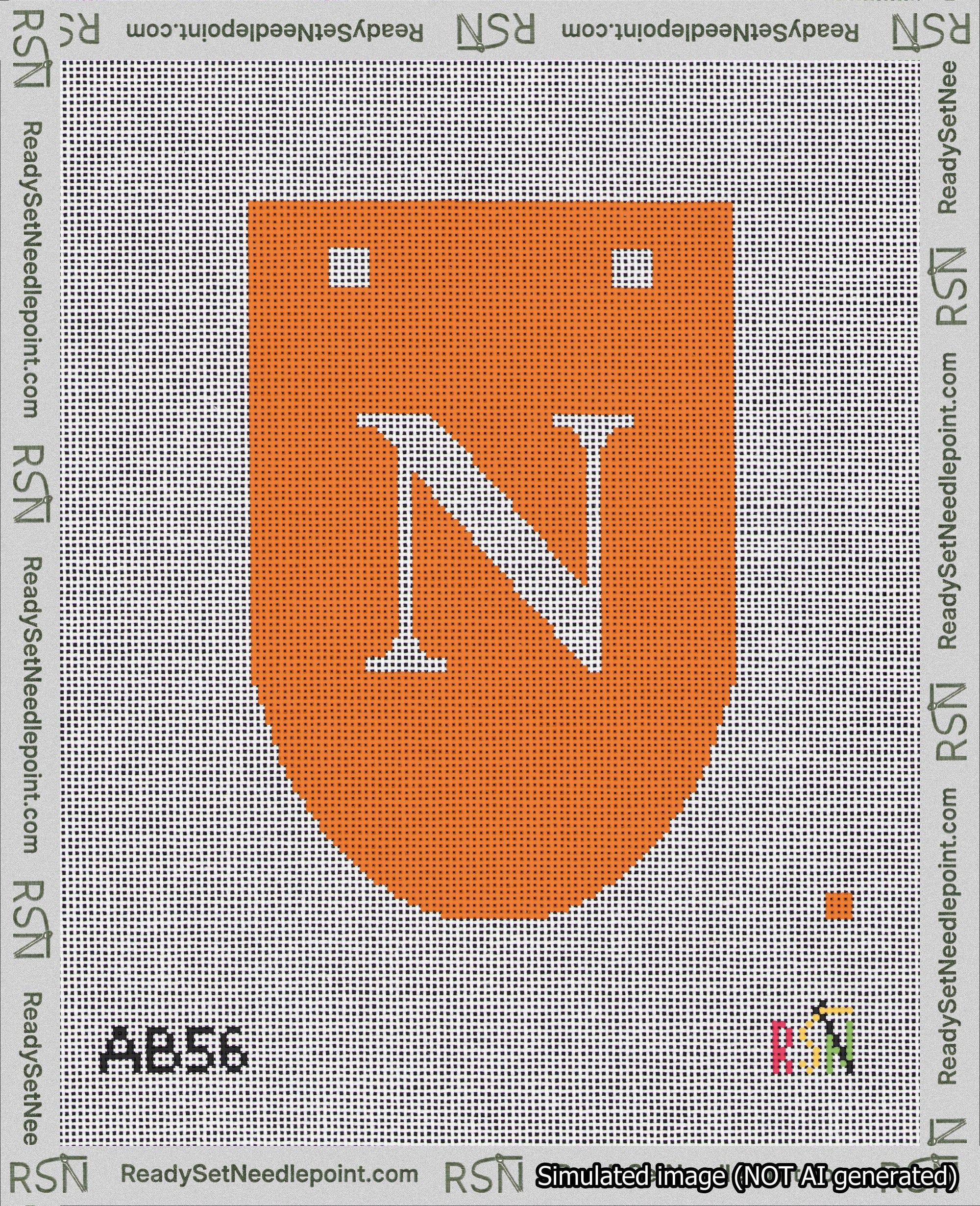 A taped needlepoint canvas with the design: Banner 18 mesh count Rounded N White on Orange.