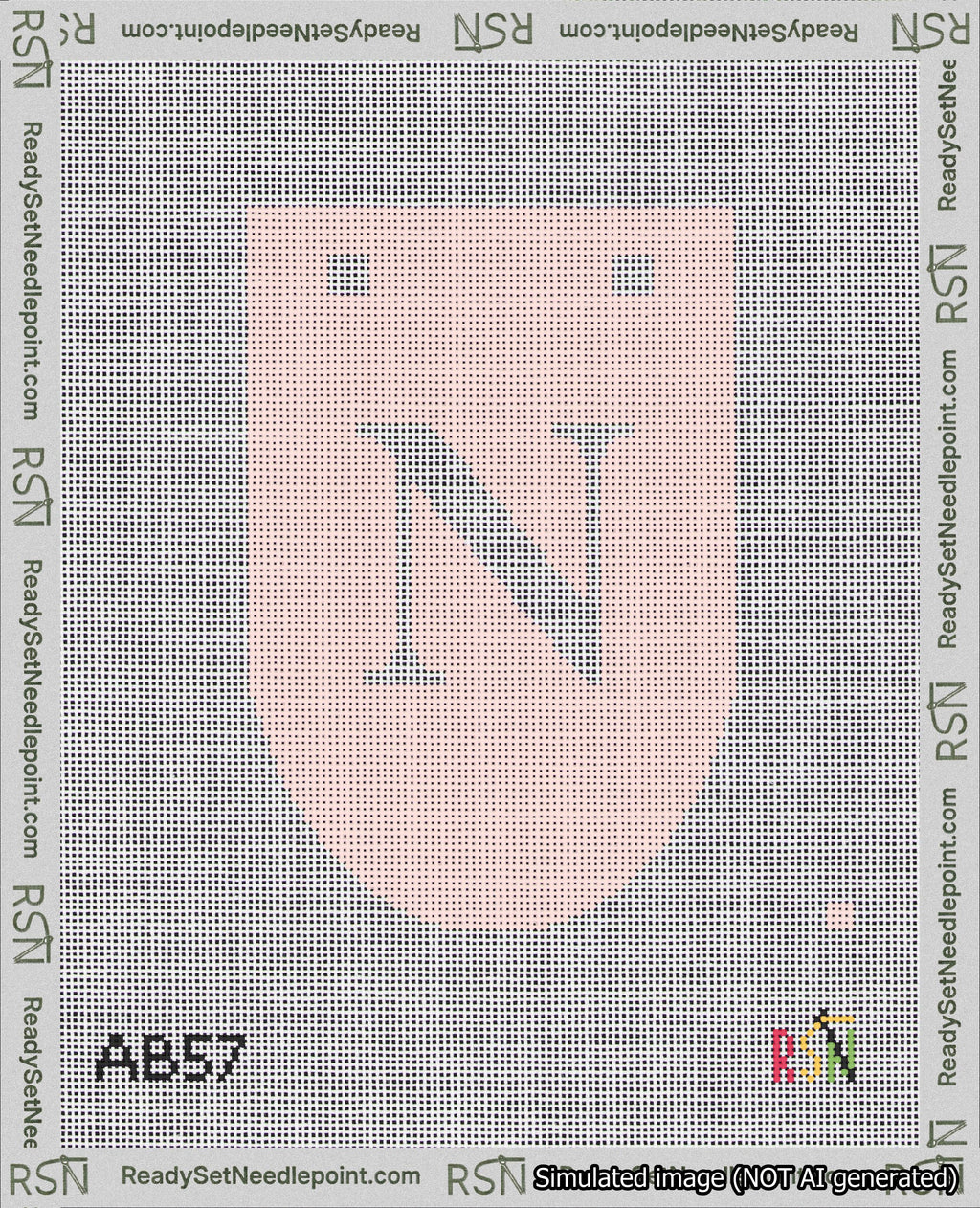 A taped needlepoint canvas with the design: Banner 18 mesh count Rounded N White on Pink.