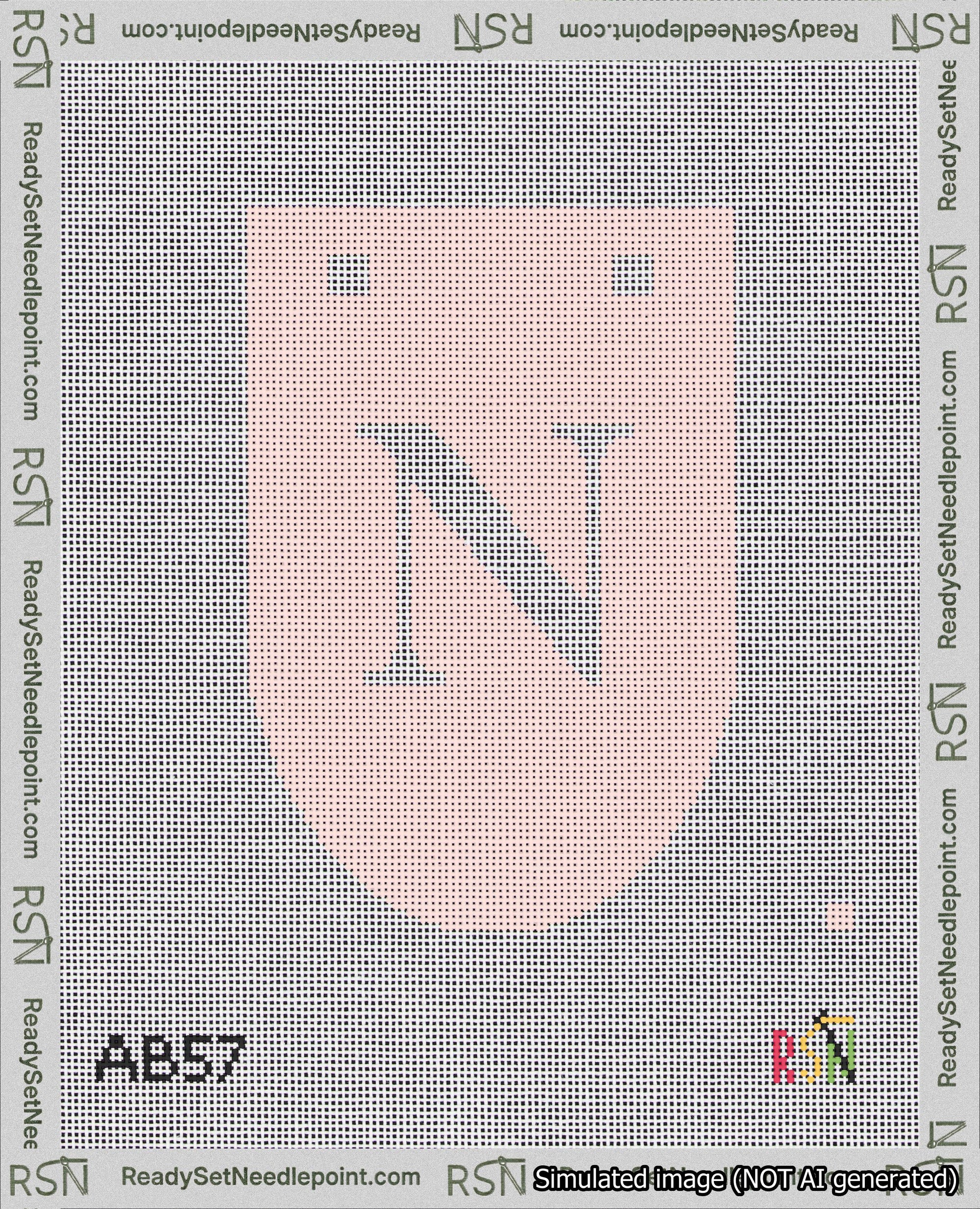 A taped needlepoint canvas with the design: Banner 18 mesh count Rounded N White on Pink.