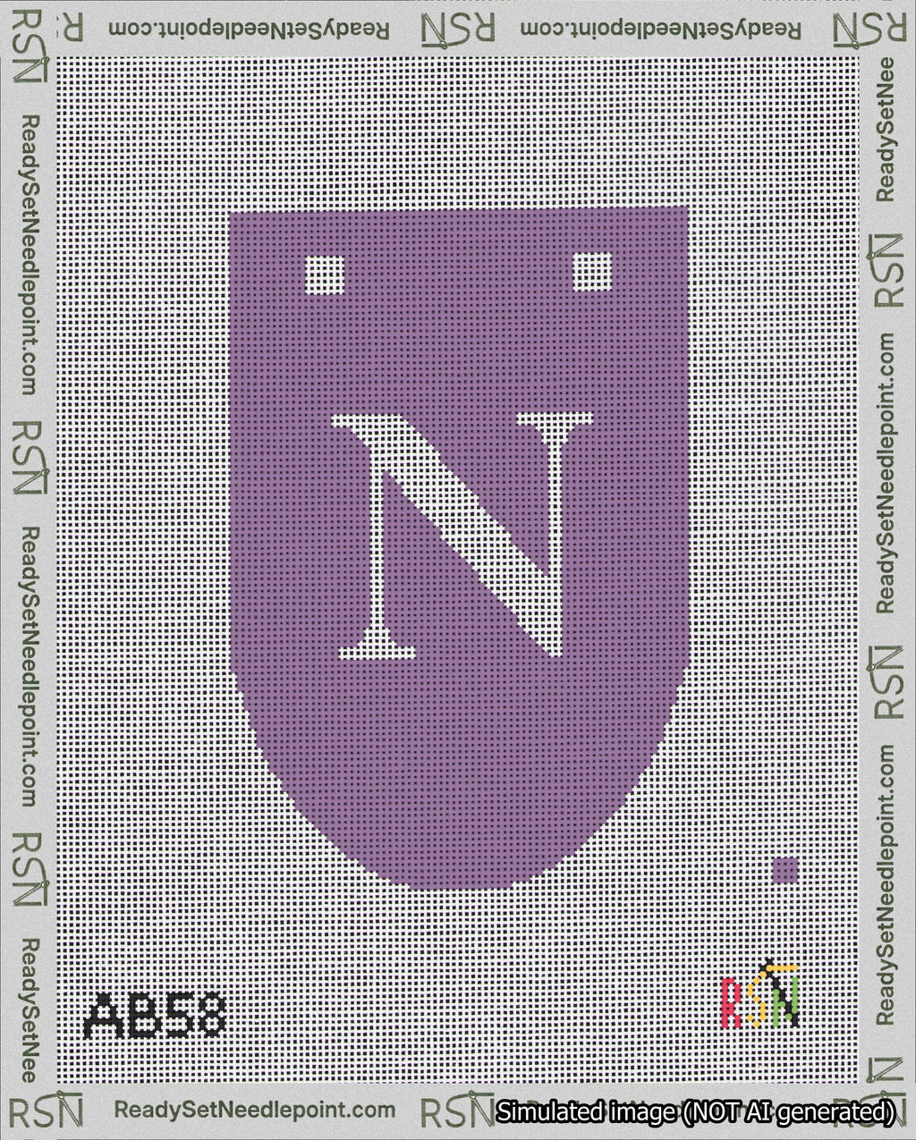 A taped needlepoint canvas with the design: Banner 18 mesh count Rounded N White on Purple.