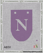 A taped needlepoint canvas with the design: Banner 18 mesh count Rounded N White on Purple.