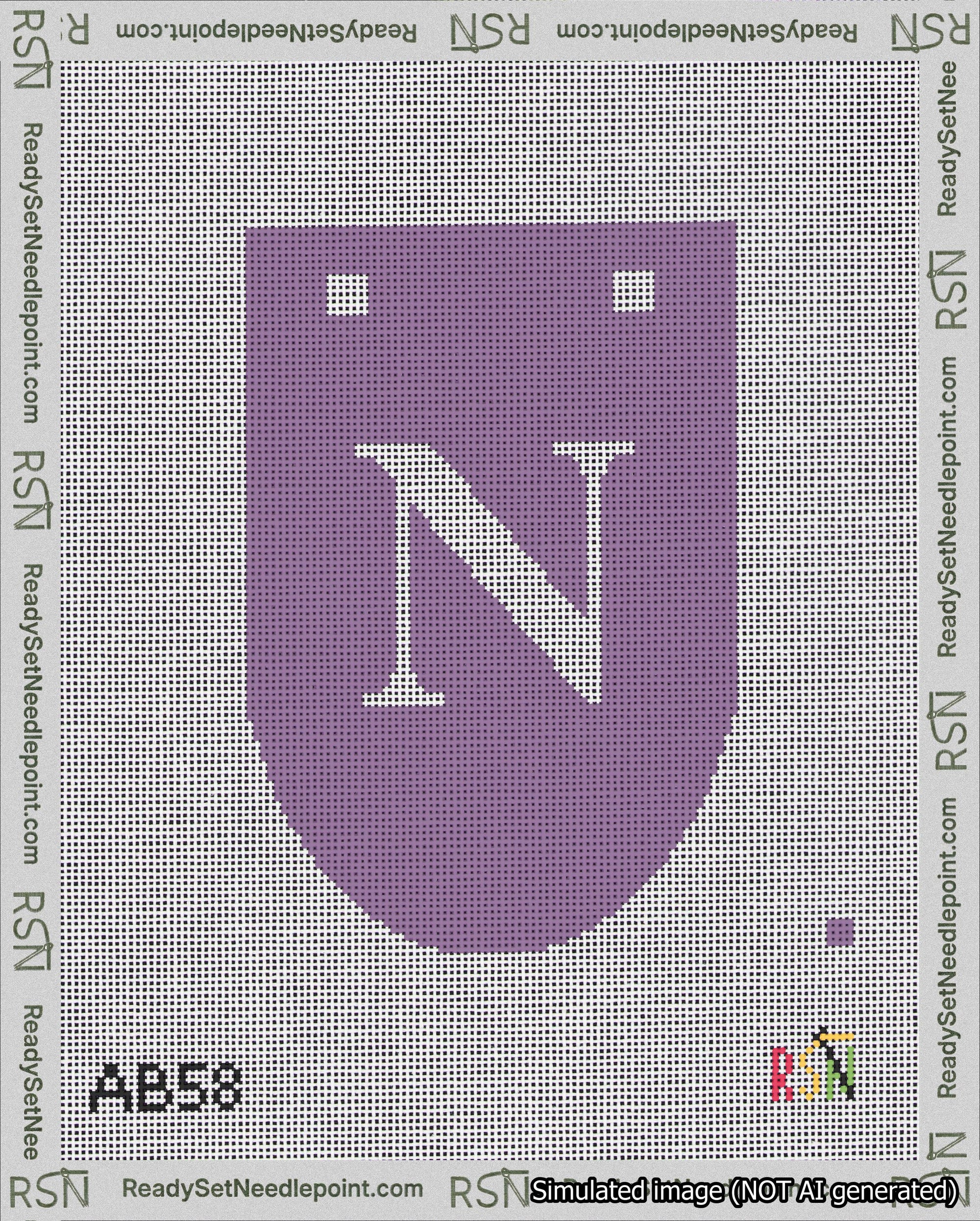 A taped needlepoint canvas with the design: Banner 18 mesh count Rounded N White on Purple.