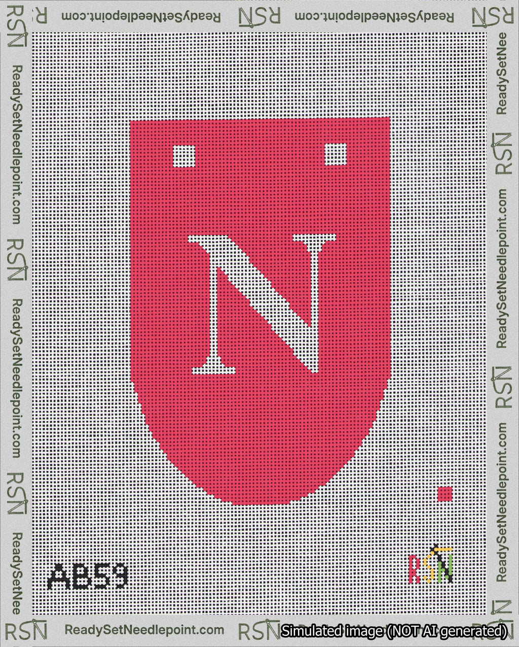 A taped needlepoint canvas with the design: Banner 18 mesh count Rounded N White on Red.