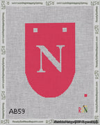A taped needlepoint canvas with the design: Banner 18 mesh count Rounded N White on Red.