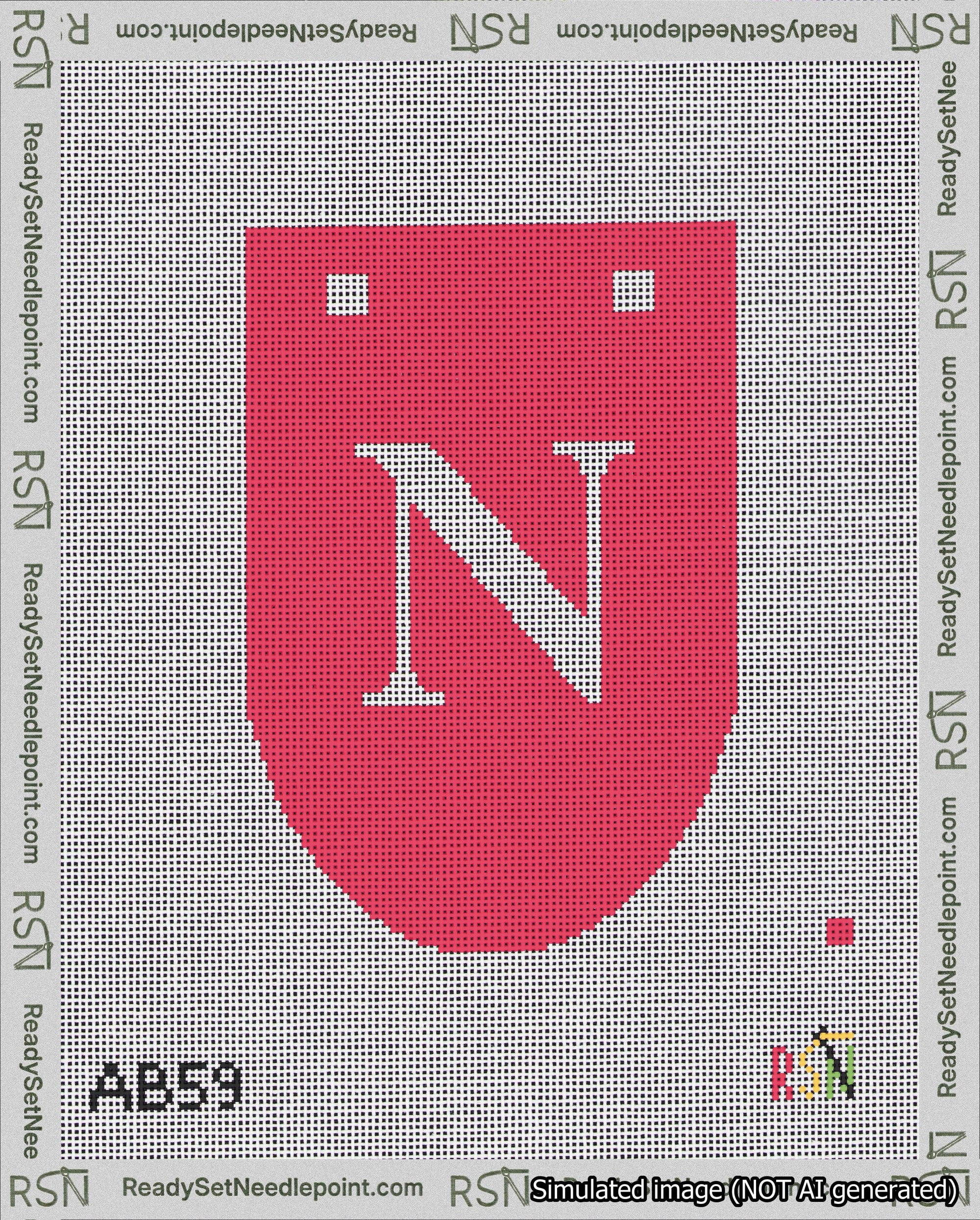A taped needlepoint canvas with the design: Banner 18 mesh count Rounded N White on Red.