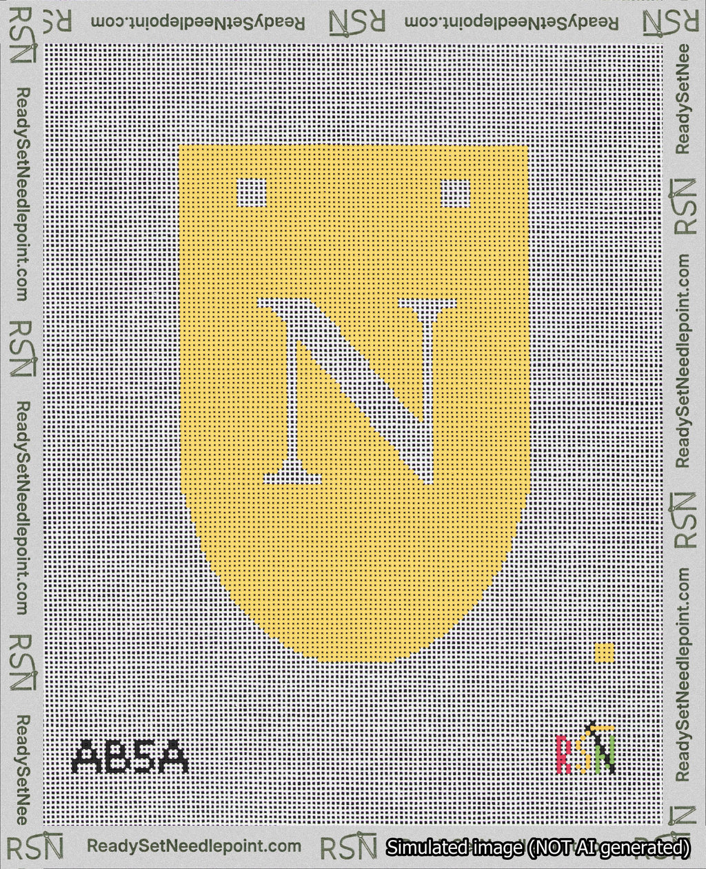 A taped needlepoint canvas with the design: Banner 18 mesh count Rounded N White on Yellow.
