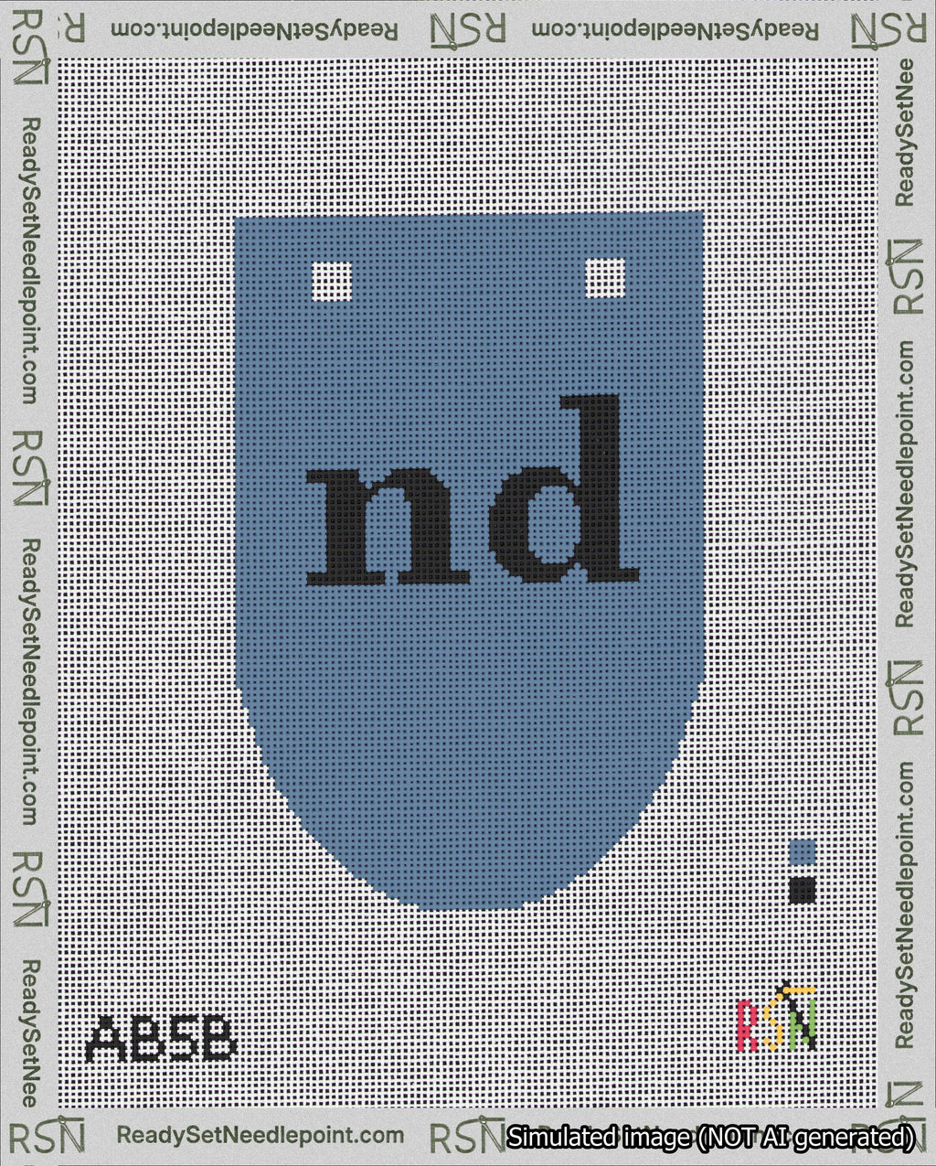 A taped needlepoint canvas with the design: Banner 18 mesh count Rounded nd Black on Blue.