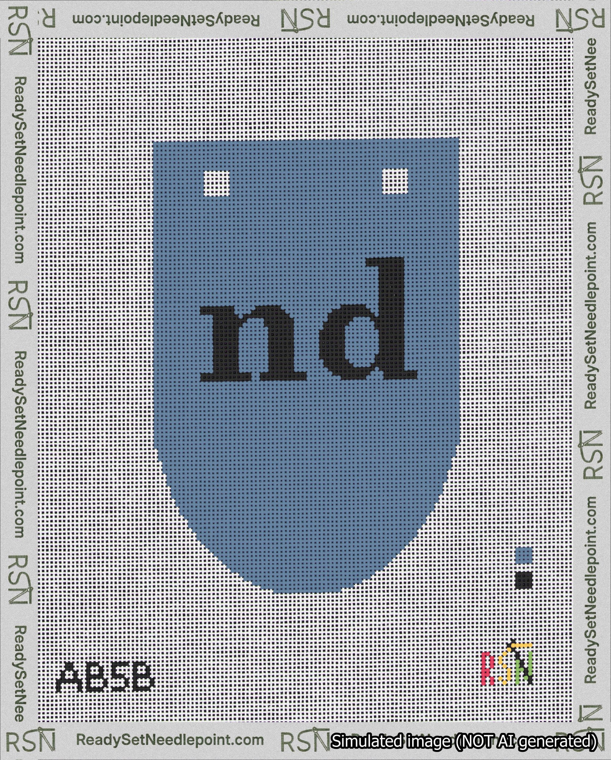 A taped needlepoint canvas with the design: Banner 18 mesh count Rounded nd Black on Blue.