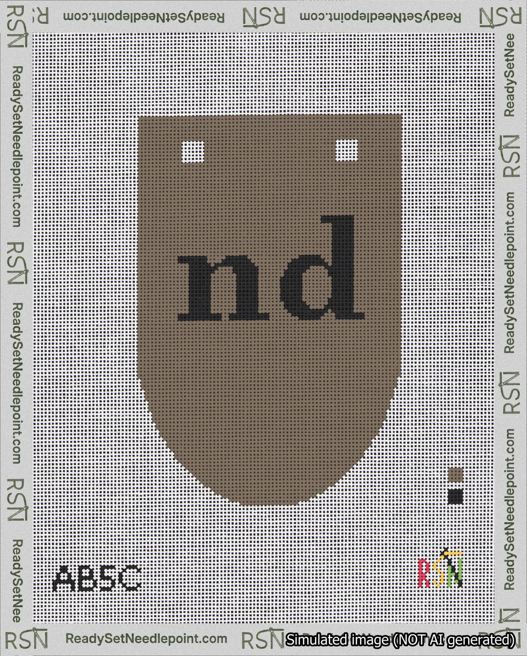 A taped needlepoint canvas with the design: Banner 18 mesh count Rounded nd Black on Brown.