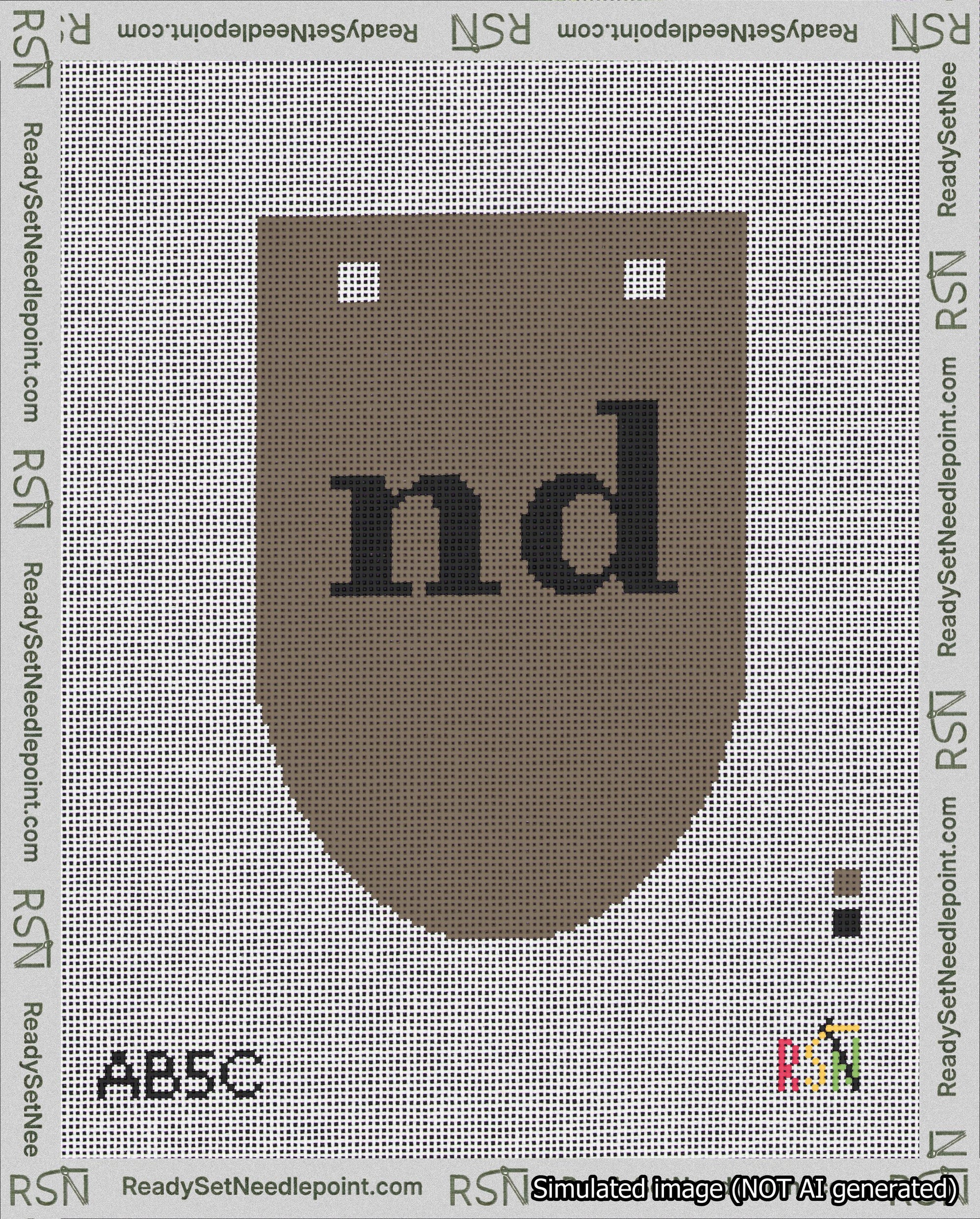 A taped needlepoint canvas with the design: Banner 18 mesh count Rounded nd Black on Brown.