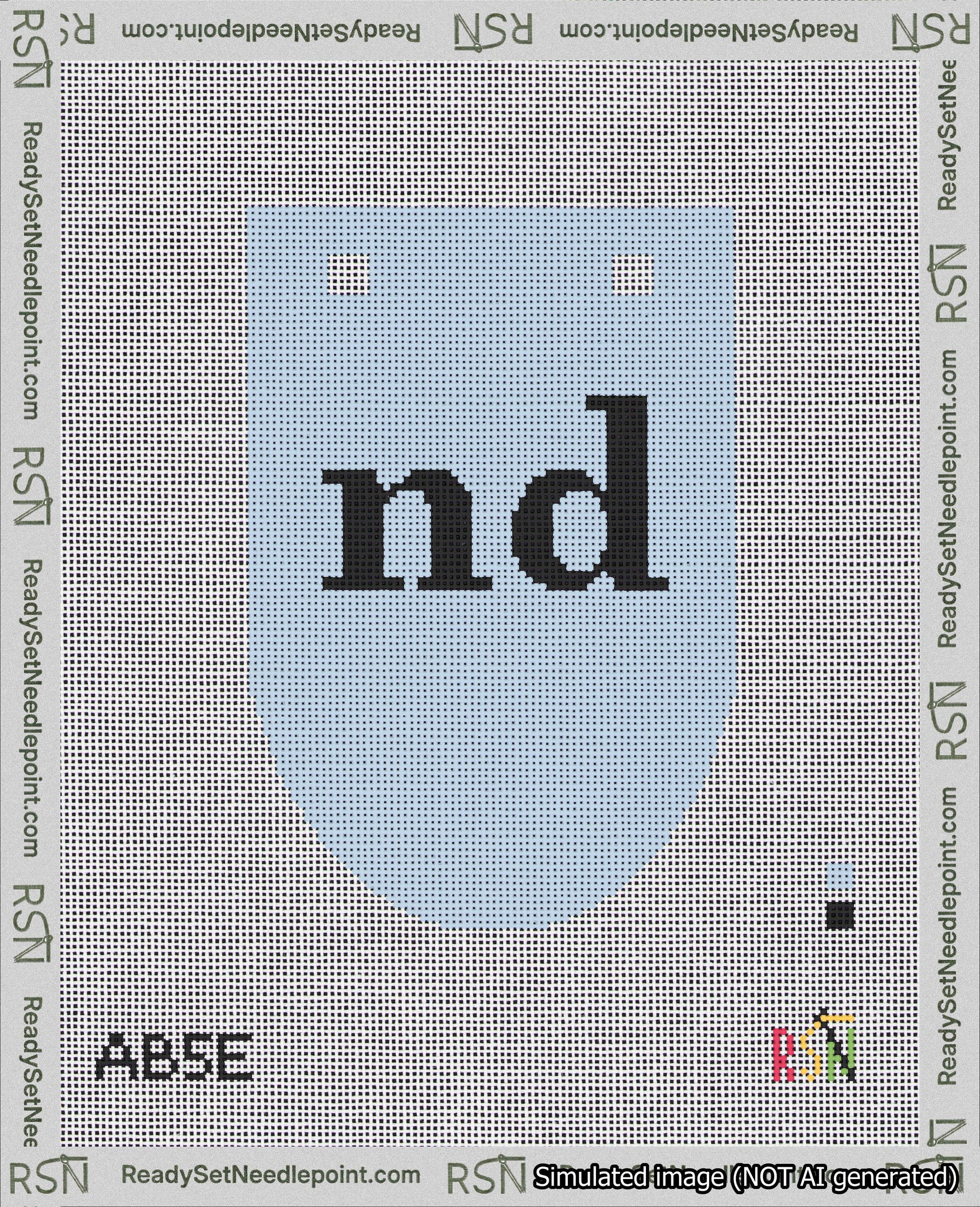 A taped needlepoint canvas with the design: Banner 18 mesh count Rounded nd Black on Light Blue.