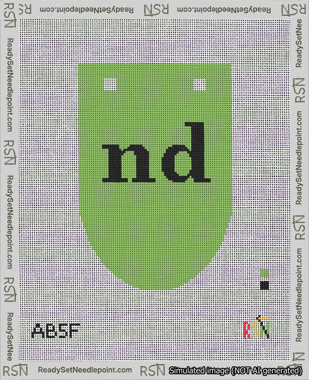 A taped needlepoint canvas with the design: Banner 18 mesh count Rounded nd Black on Light Green.
