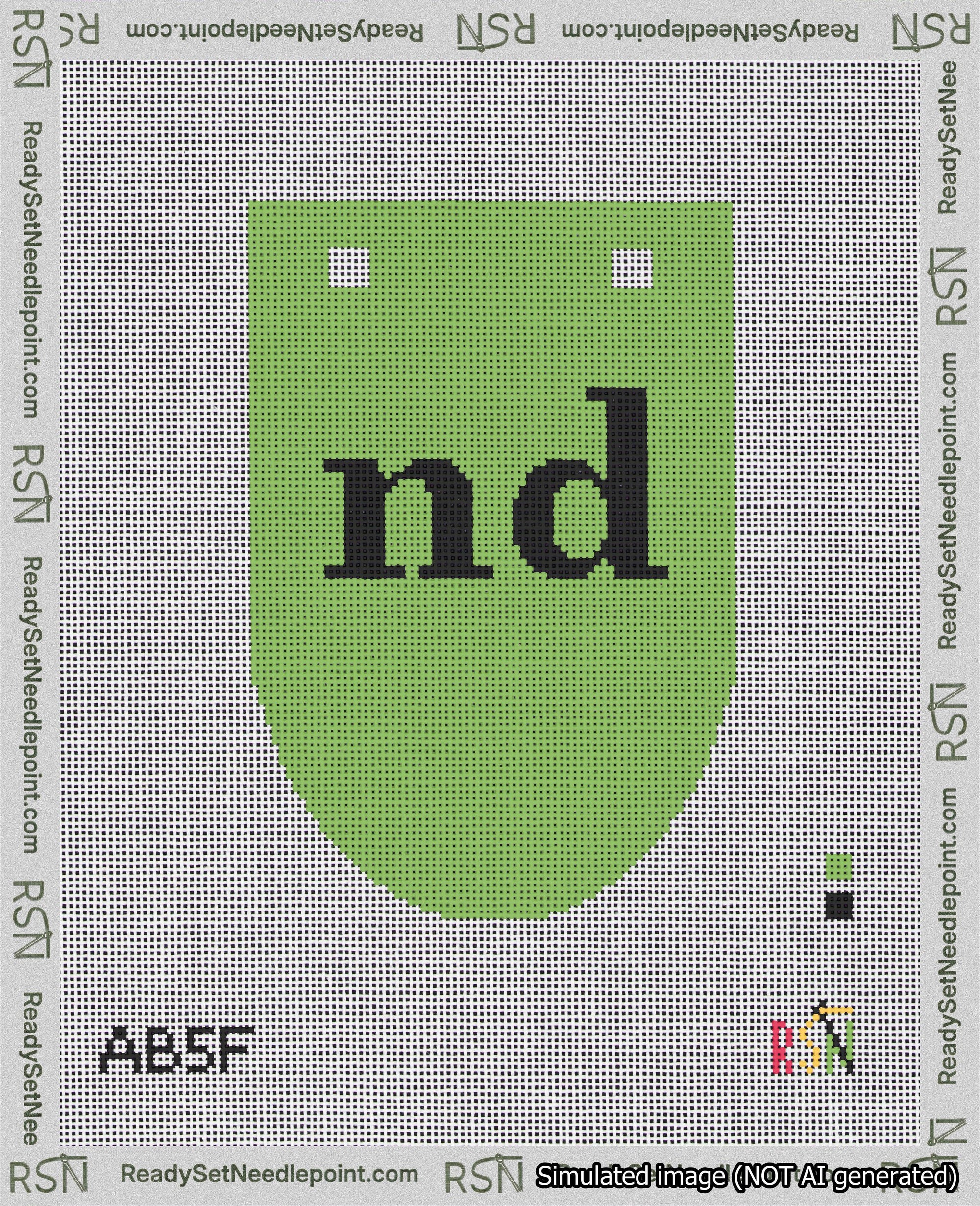 A taped needlepoint canvas with the design: Banner 18 mesh count Rounded nd Black on Light Green.