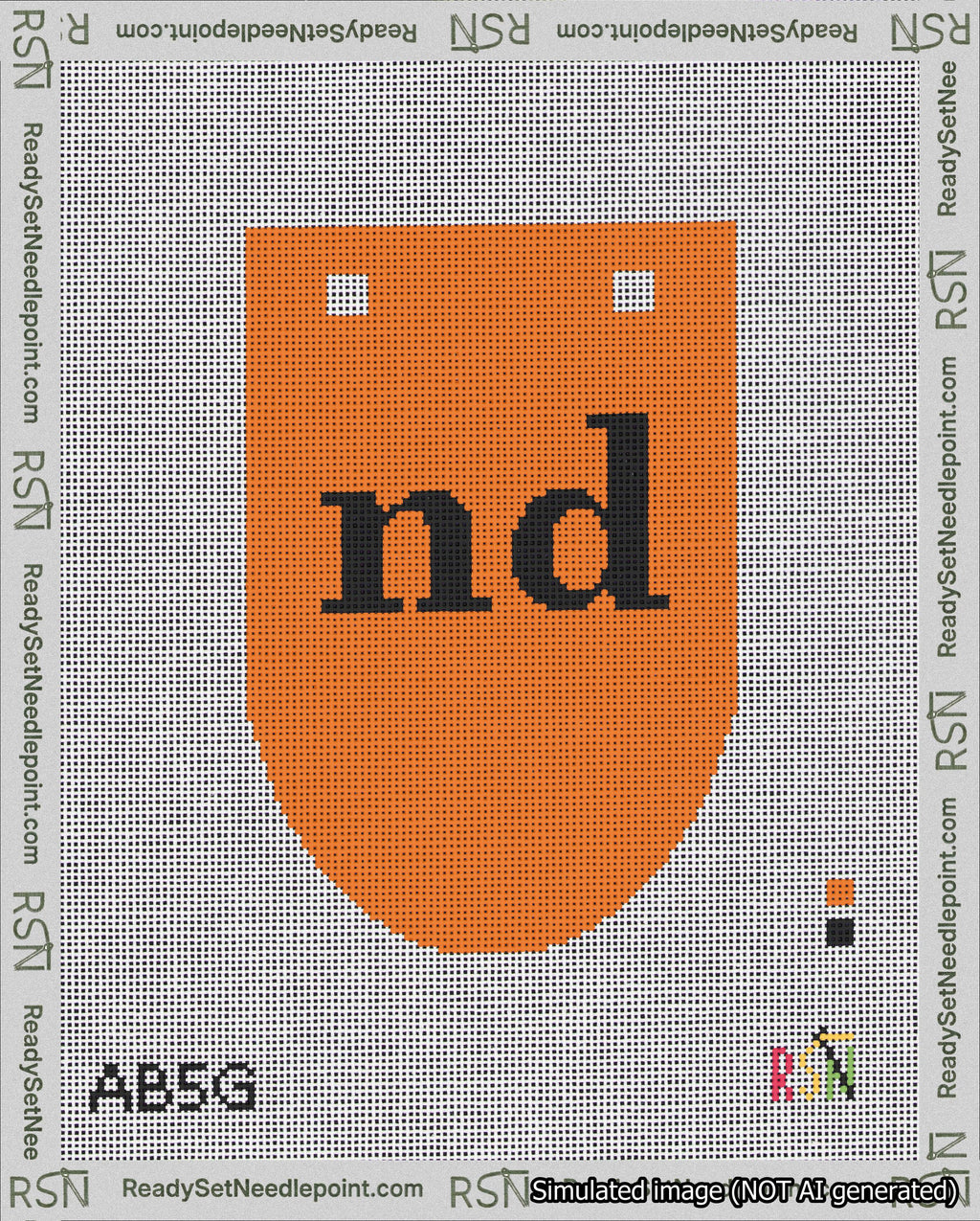 A taped needlepoint canvas with the design: Banner 18 mesh count Rounded nd Black on Orange.