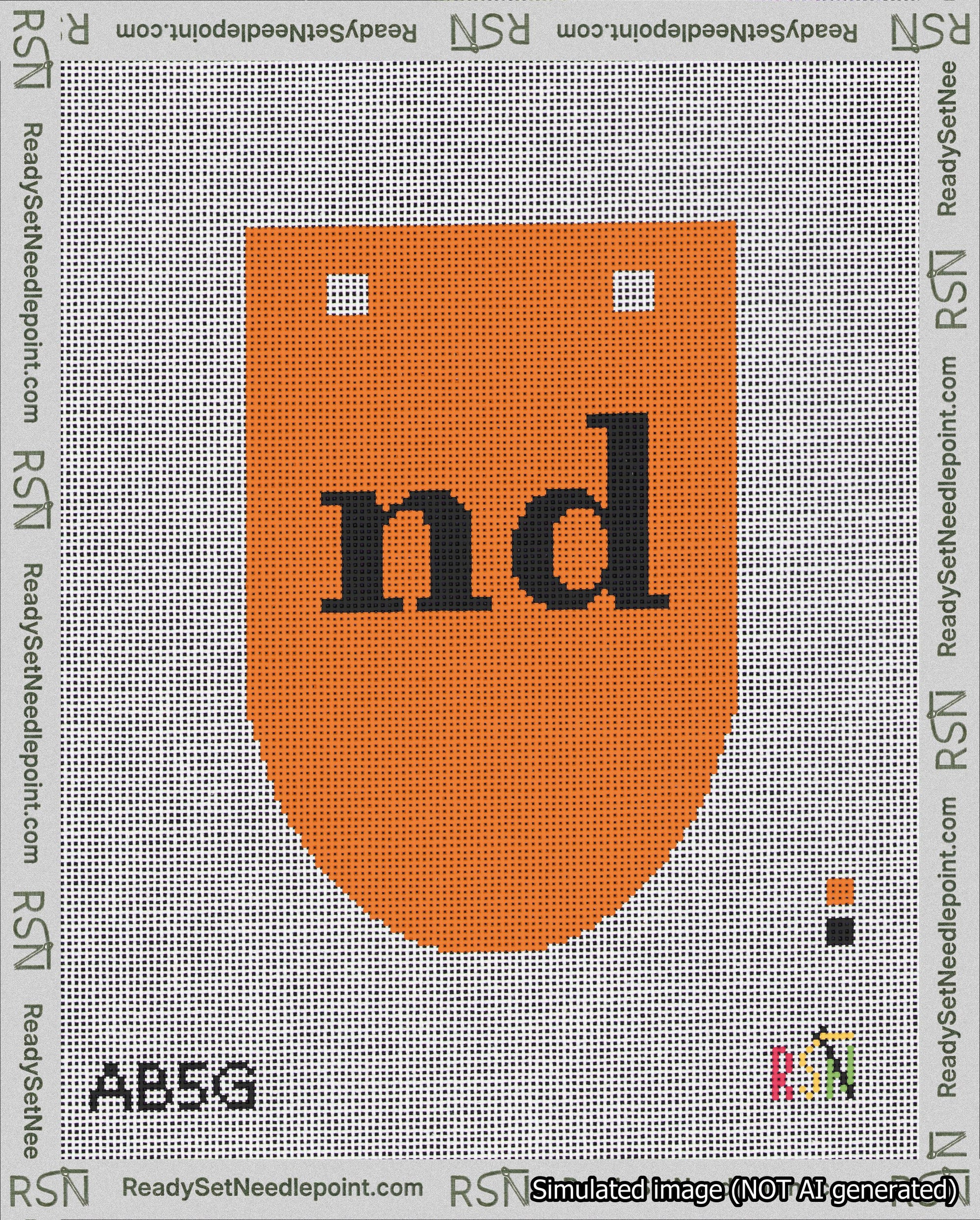 A taped needlepoint canvas with the design: Banner 18 mesh count Rounded nd Black on Orange.