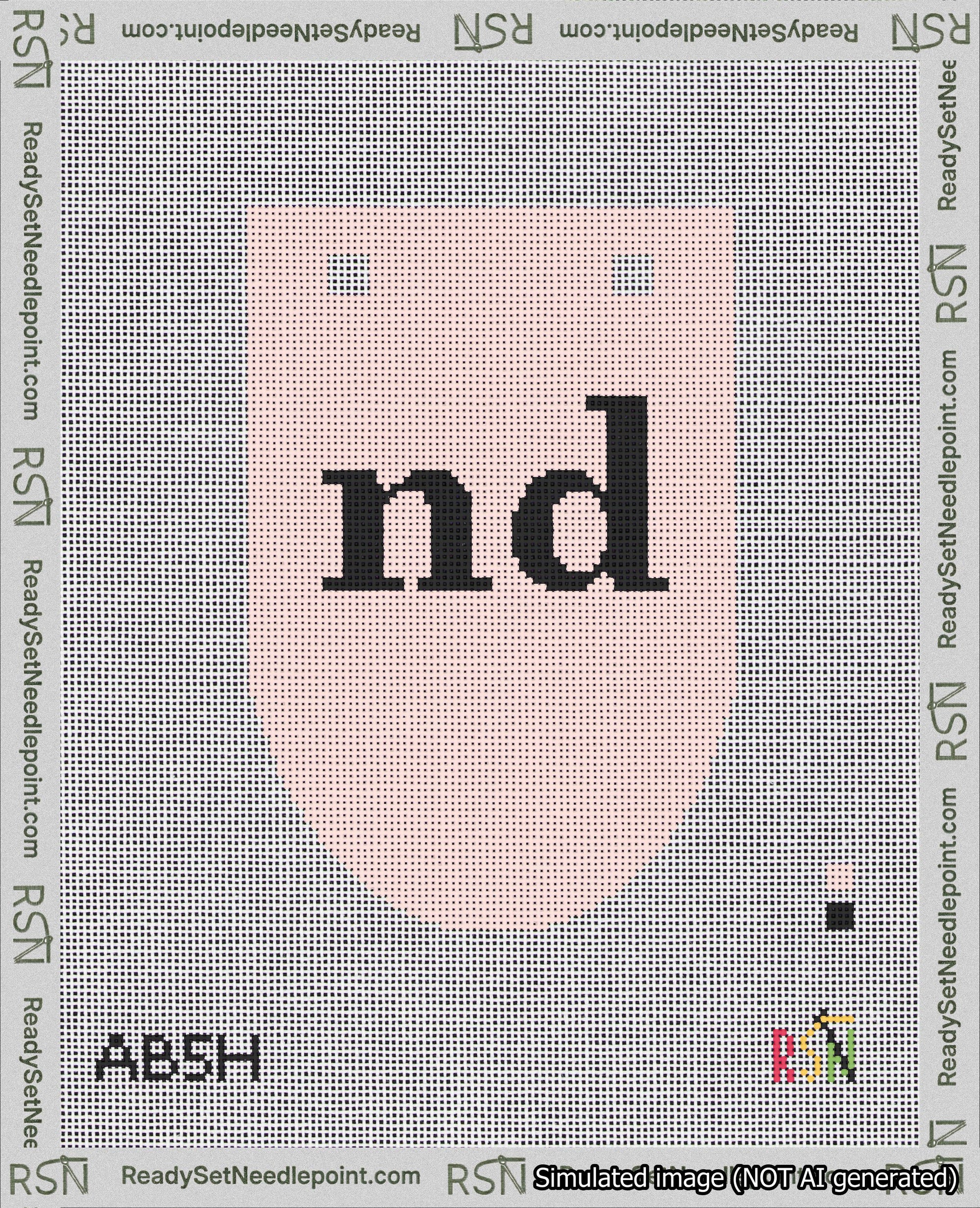 A taped needlepoint canvas with the design: Banner 18 mesh count Rounded nd Black on Pink.