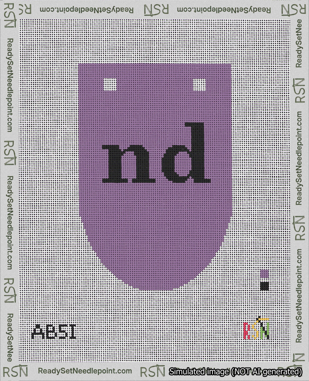 A taped needlepoint canvas with the design: Banner 18 mesh count Rounded nd Black on Purple.