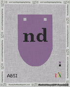 A taped needlepoint canvas with the design: Banner 18 mesh count Rounded nd Black on Purple.