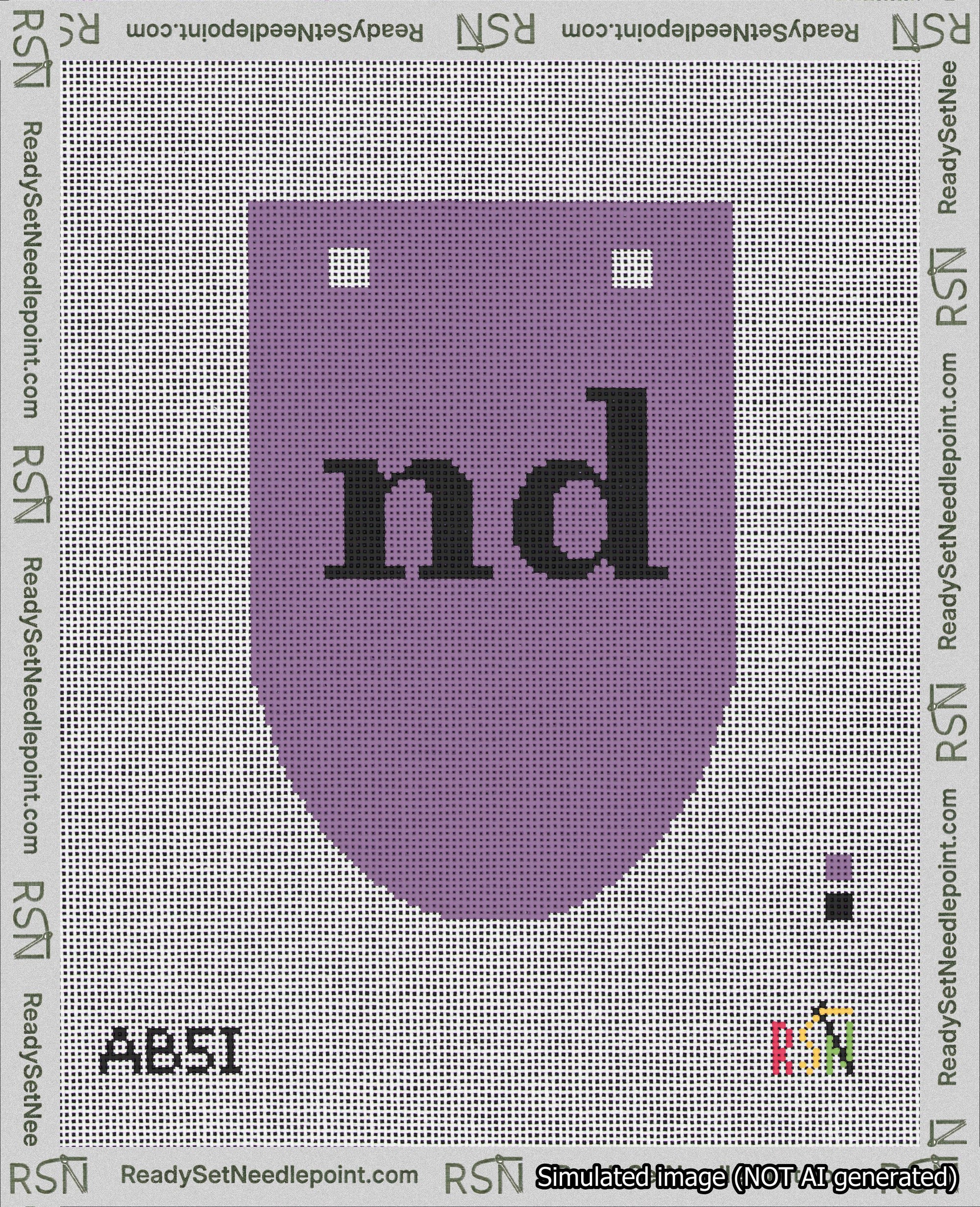 A taped needlepoint canvas with the design: Banner 18 mesh count Rounded nd Black on Purple.