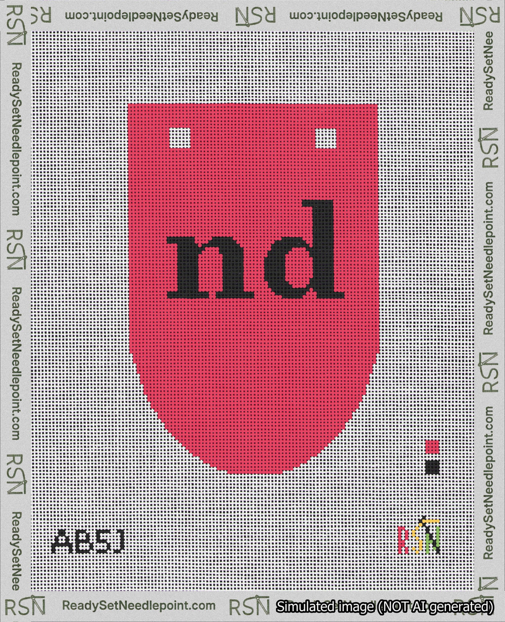 A taped needlepoint canvas with the design: Banner 18 mesh count Rounded nd Black on Red.