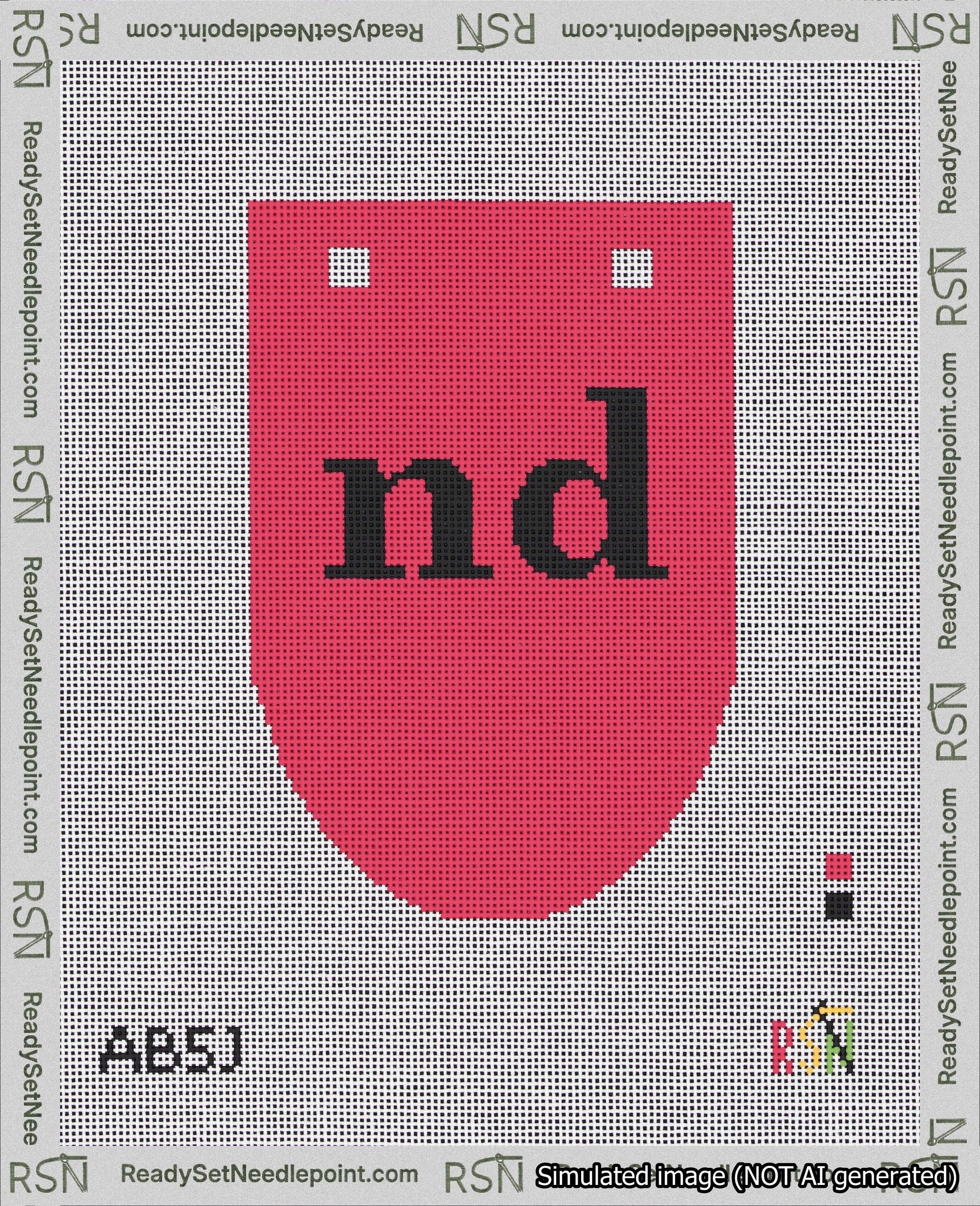 A taped needlepoint canvas with the design: Banner 18 mesh count Rounded nd Black on Red.