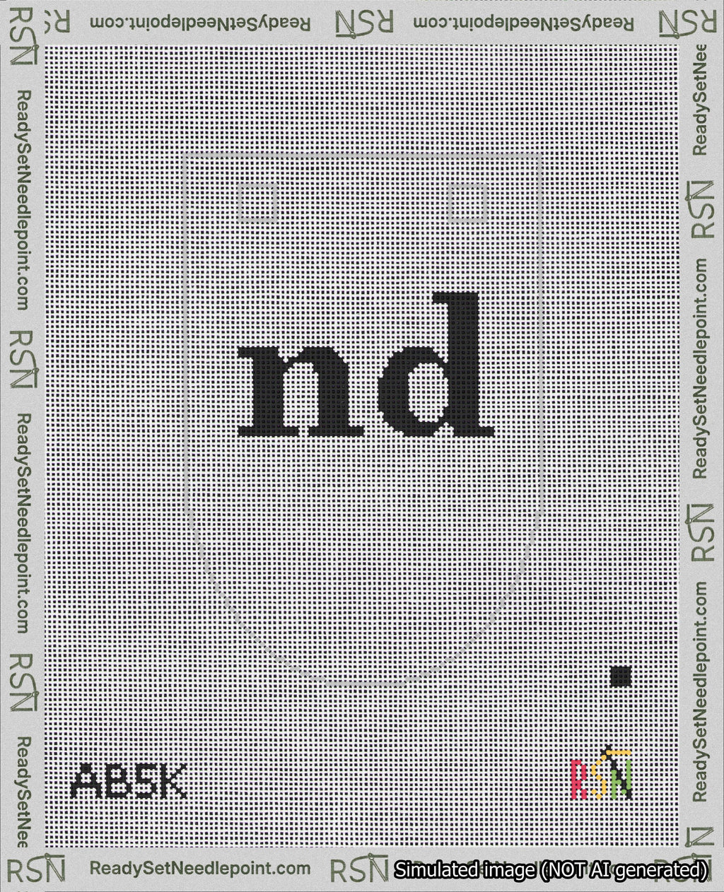 A taped needlepoint canvas with the design: Banner 18 mesh count Rounded nd Black on White.